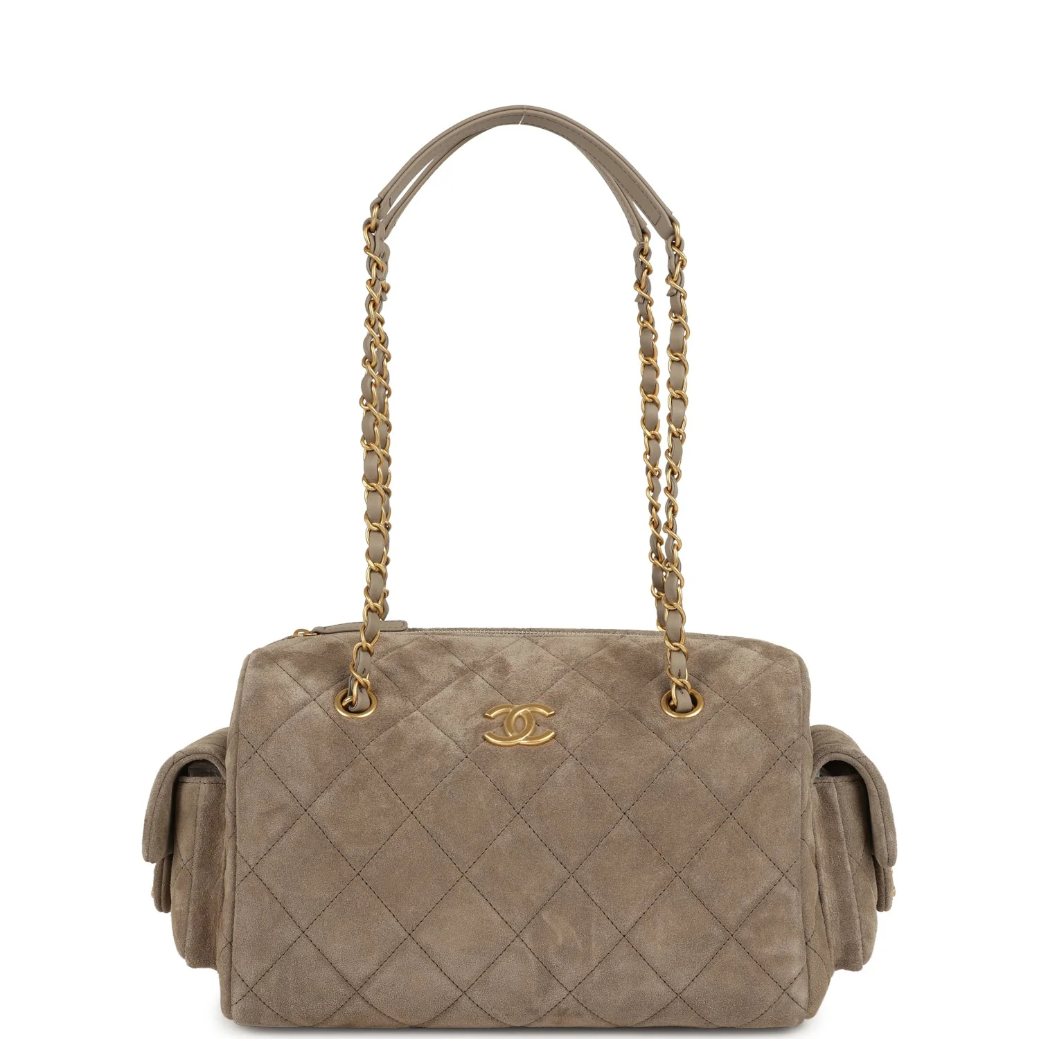 Chanel Small Bowling Bag Dark Grey Suede Antique Gold Hardware - Image 7
