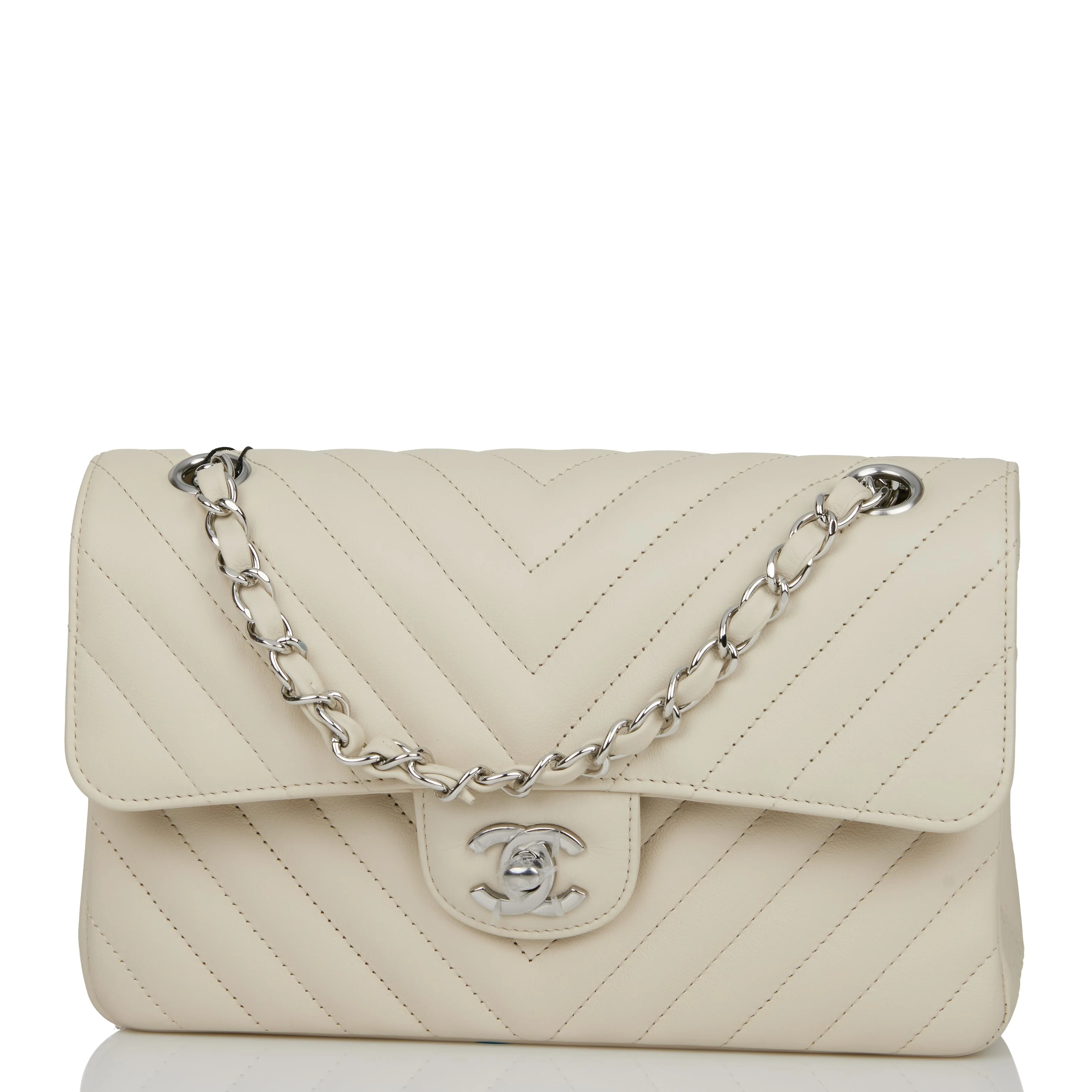 Chanel Small Chevron Classic Double Flap Ecru Calfskin Silver Hardware - Image 6