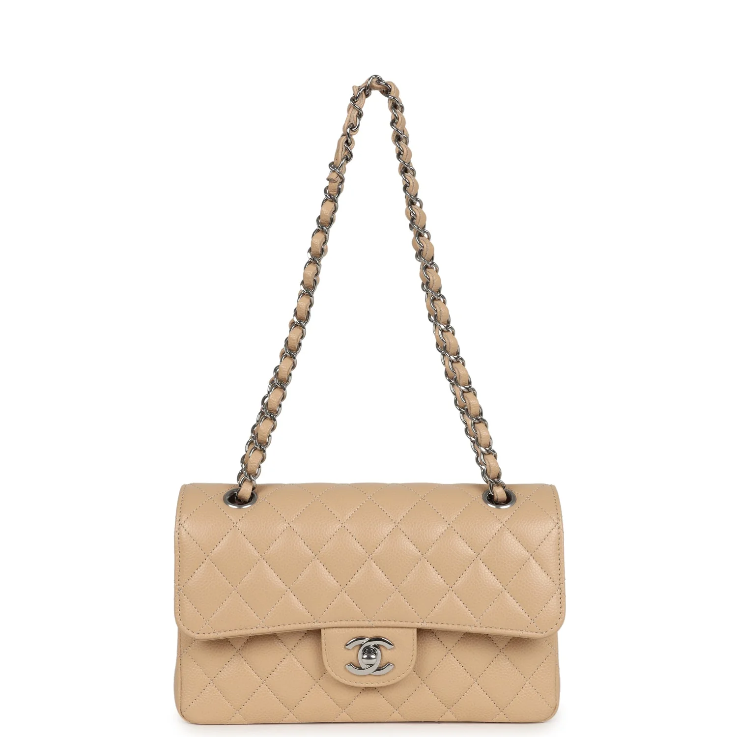 Chanel Small Classic Double Flap Bag Beige Caviar Silver Hardware - Image 7