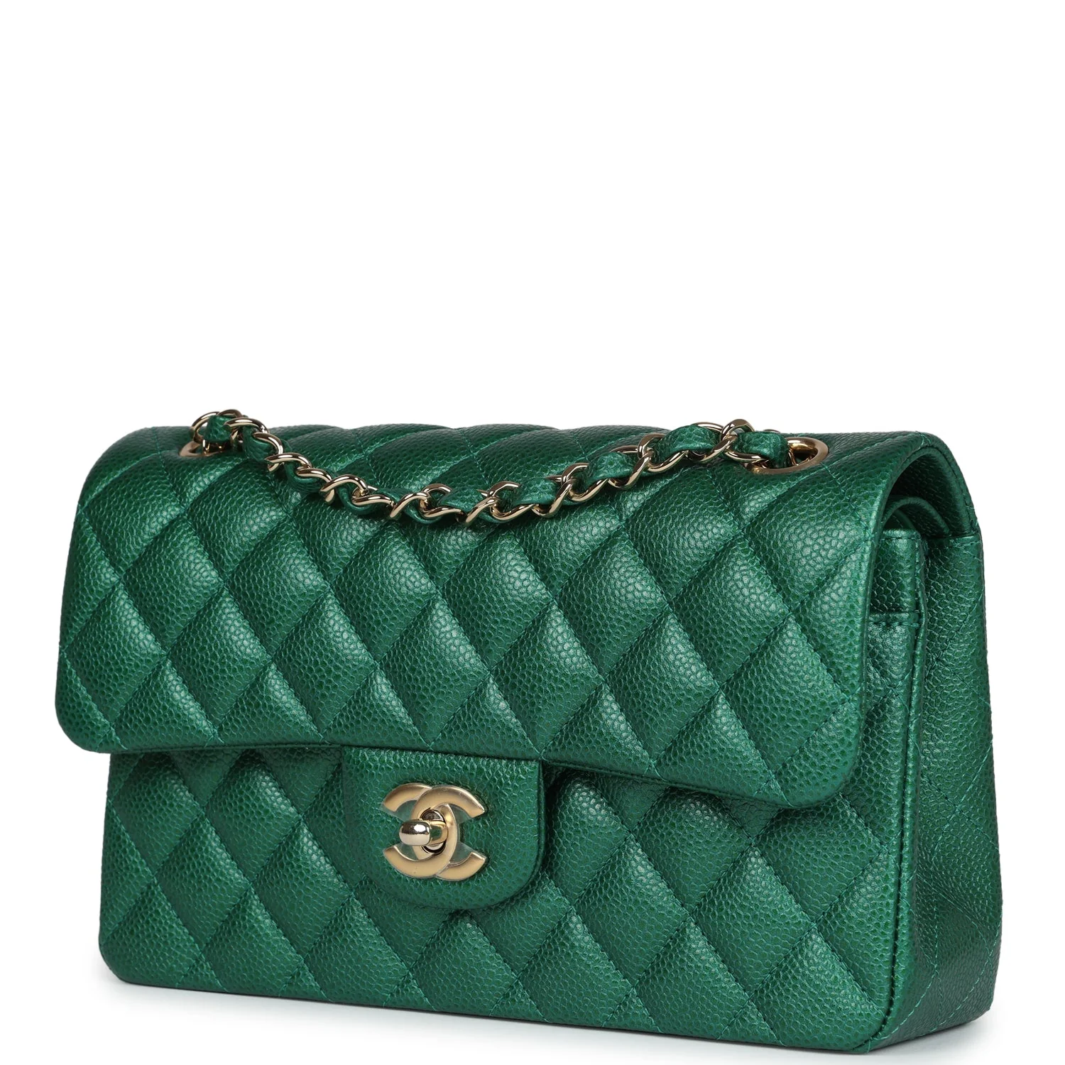 Chanel Small Classic Double Flap Bag Emerald Green Shiny Caviar Gold Hardware - Image 5