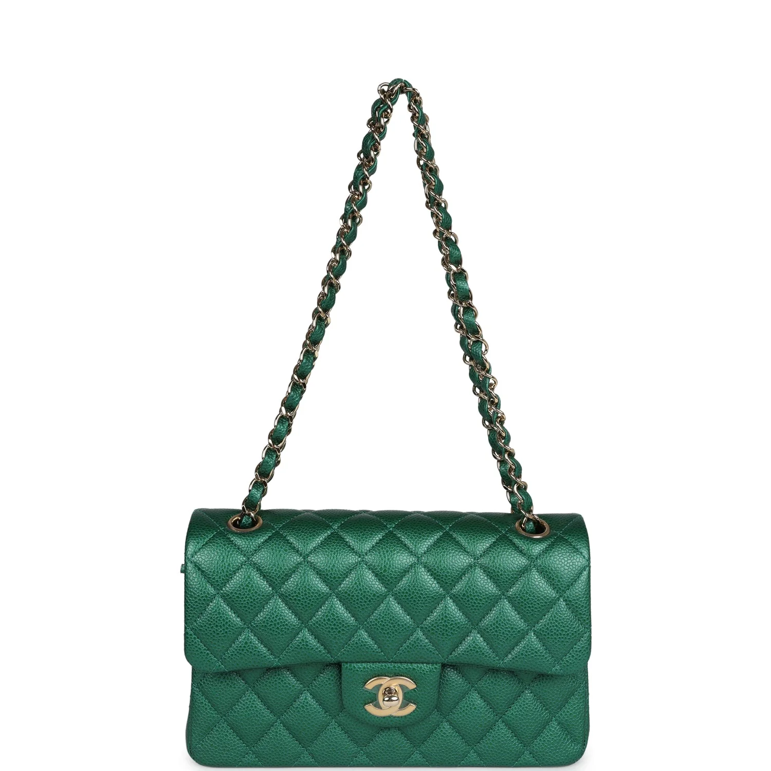 Chanel Small Classic Double Flap Bag Emerald Green Shiny Caviar Gold Hardware - Image 7