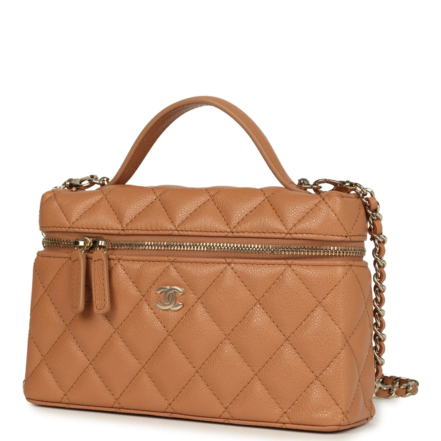 Chanel Top Handle Long Vanity Case with Chain Dark Beige Shiny Caviar Light Gold Hardware - Image 5
