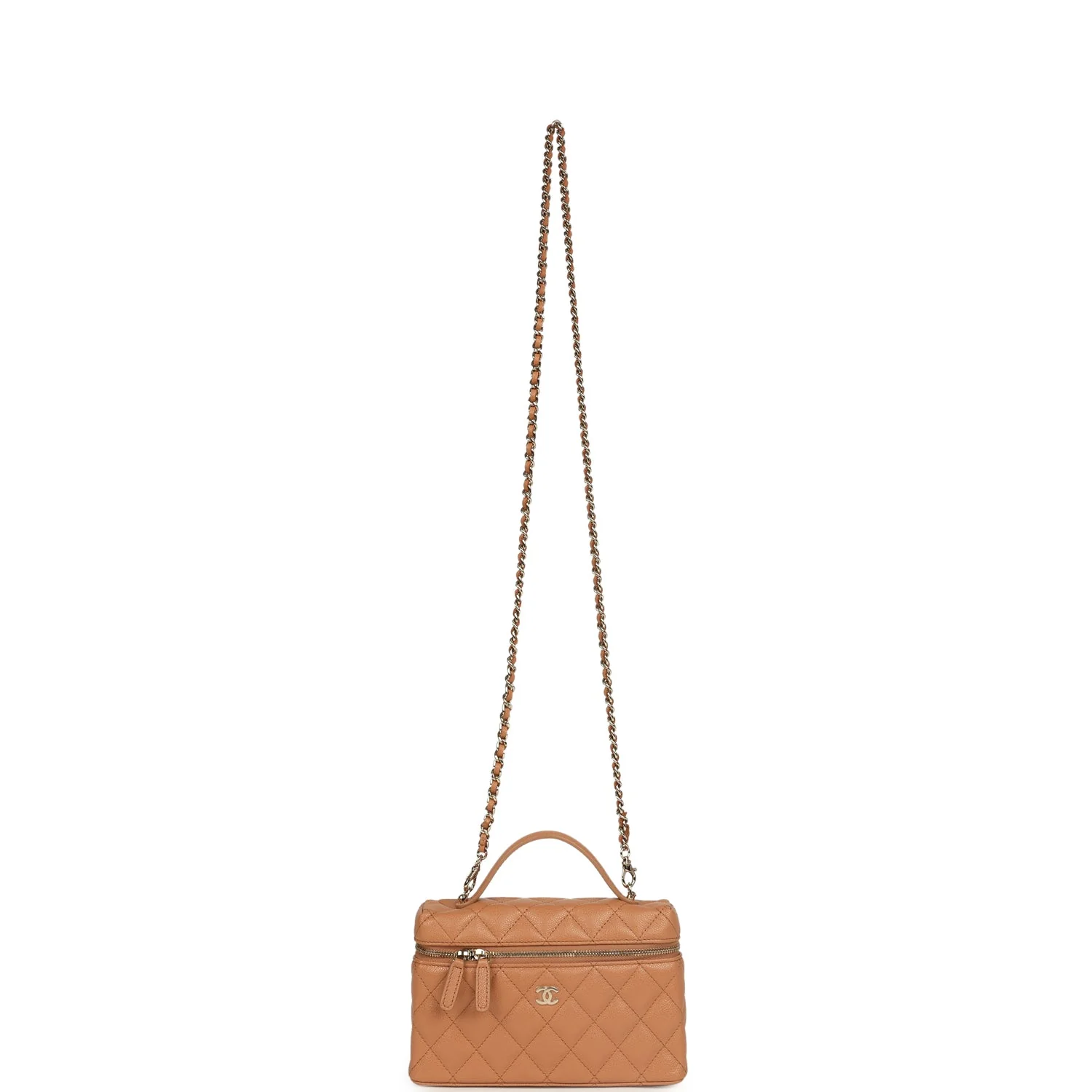 Chanel Top Handle Long Vanity Case with Chain Dark Beige Shiny Caviar Light Gold Hardware - Image 7