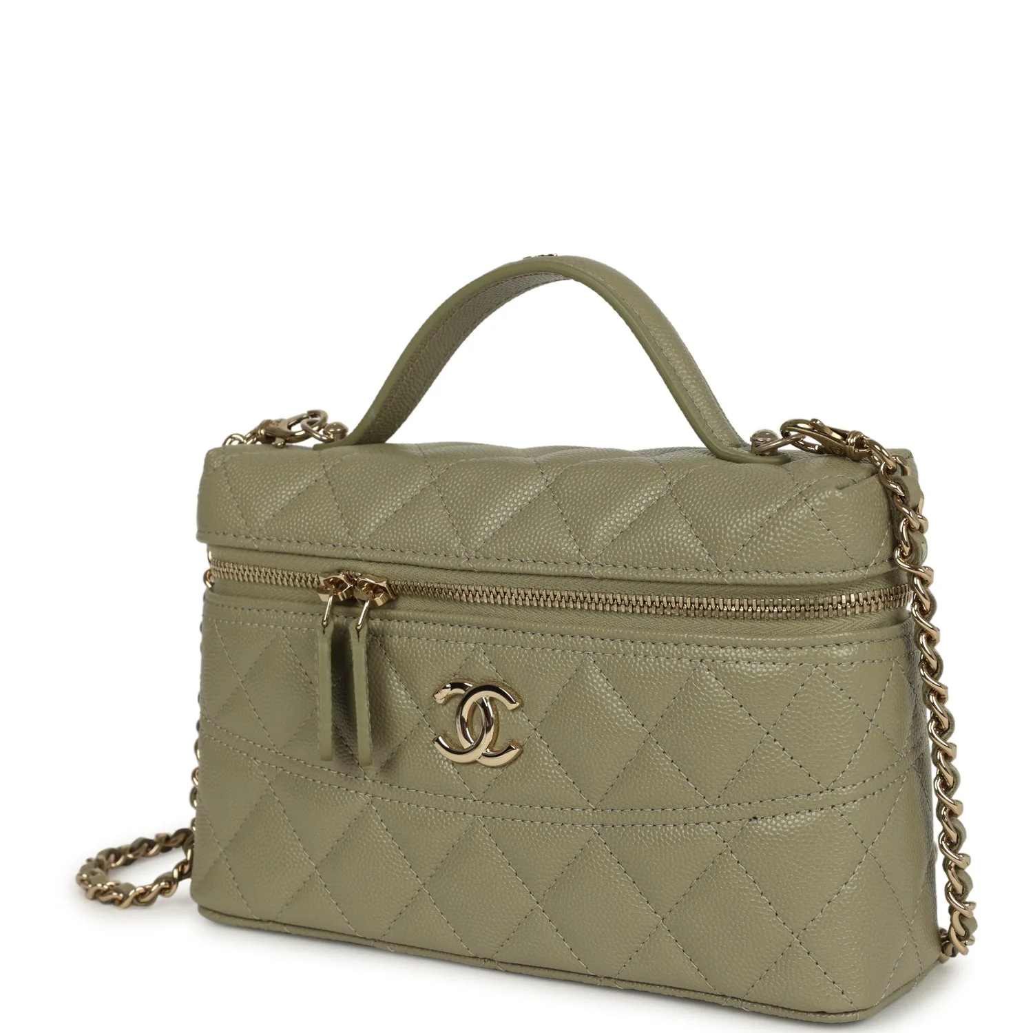 Chanel Trendy Top Handle Long Vanity Case with Chain Khaki Caviar Light Gold Hardware - Image 5