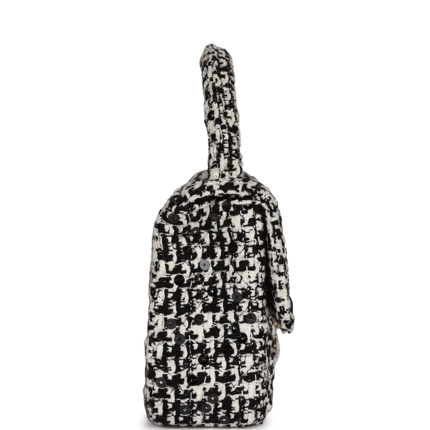 Vintage Chanel Kelly Parent Flap Black and White Sequin Tweed Gold Hardware - Image 3