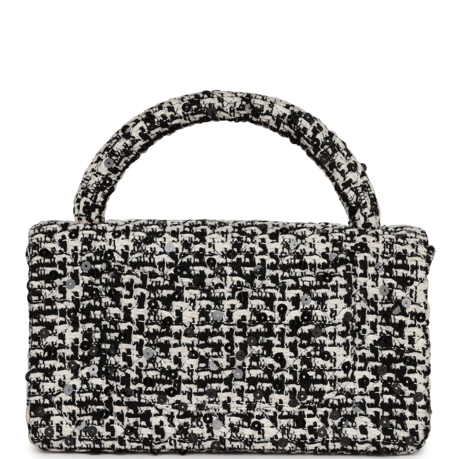 Vintage Chanel Kelly Parent Flap Black and White Sequin Tweed Gold Hardware - Image 4