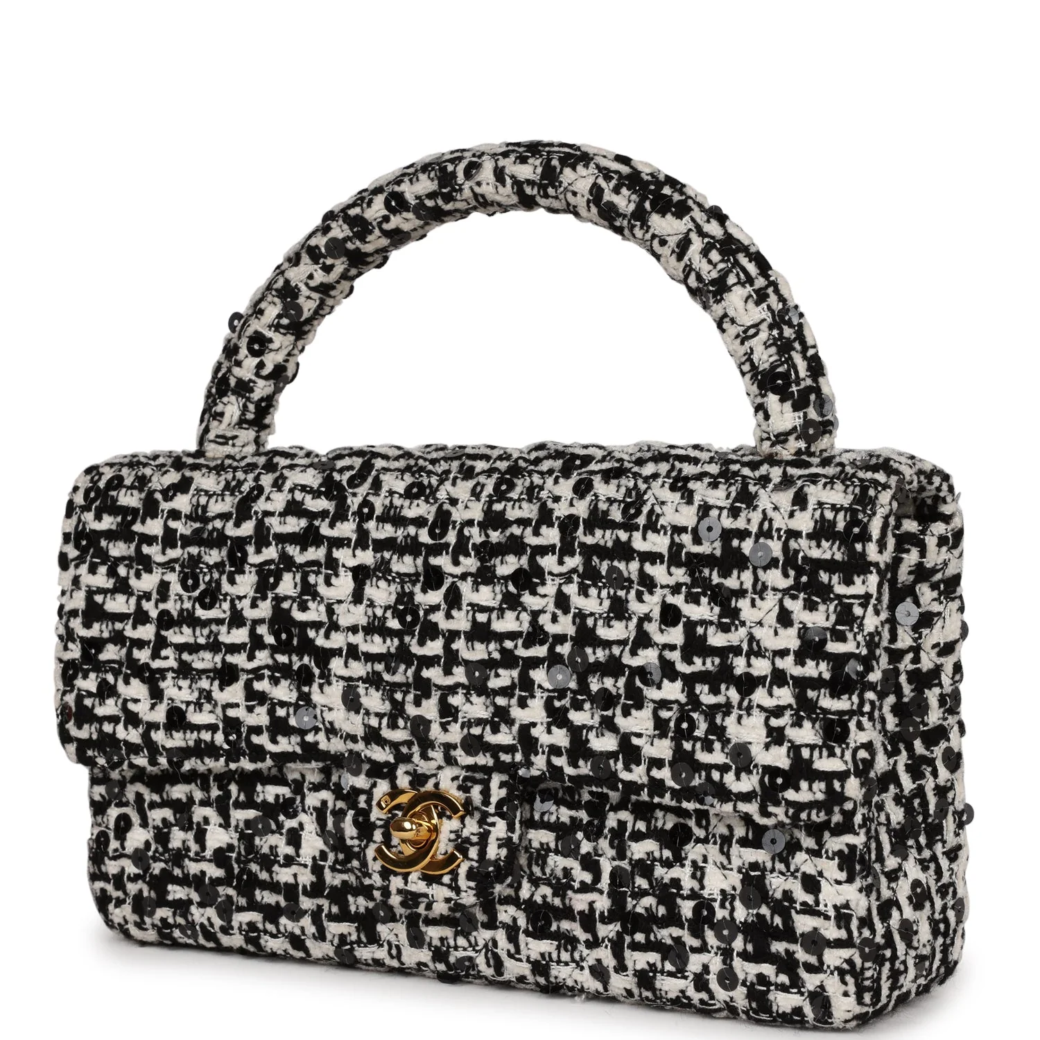 Vintage Chanel Kelly Parent Flap Black and White Sequin Tweed Gold Hardware - Image 5