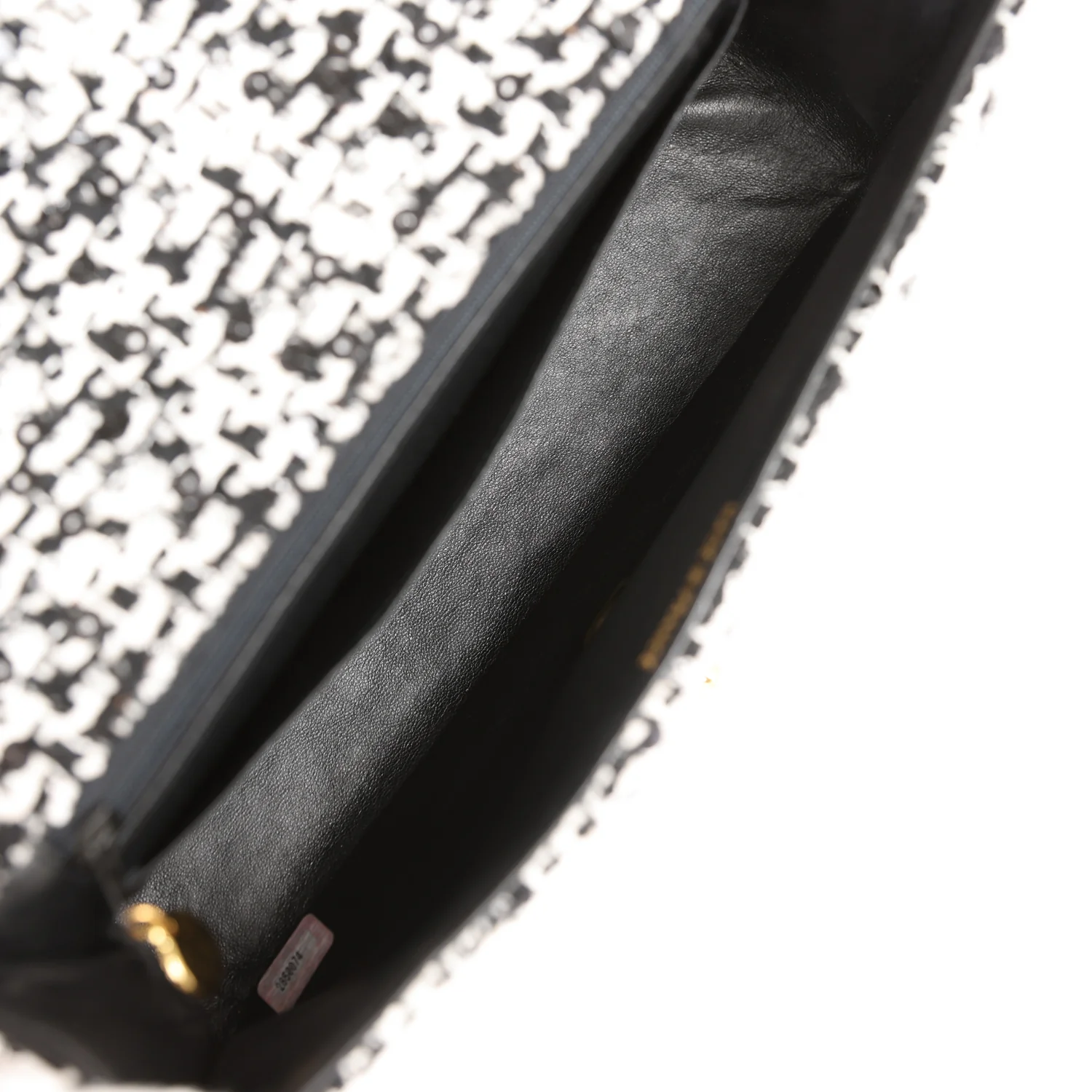 Vintage Chanel Kelly Parent Flap Black and White Sequin Tweed Gold Hardware - Image 7