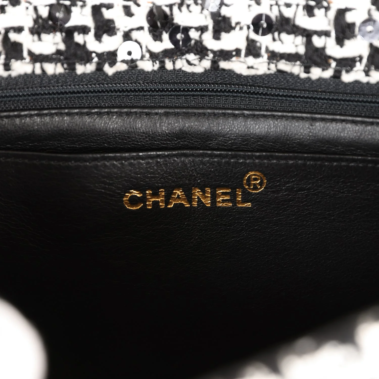 Vintage Chanel Kelly Parent Flap Black and White Sequin Tweed Gold Hardware - Image 8