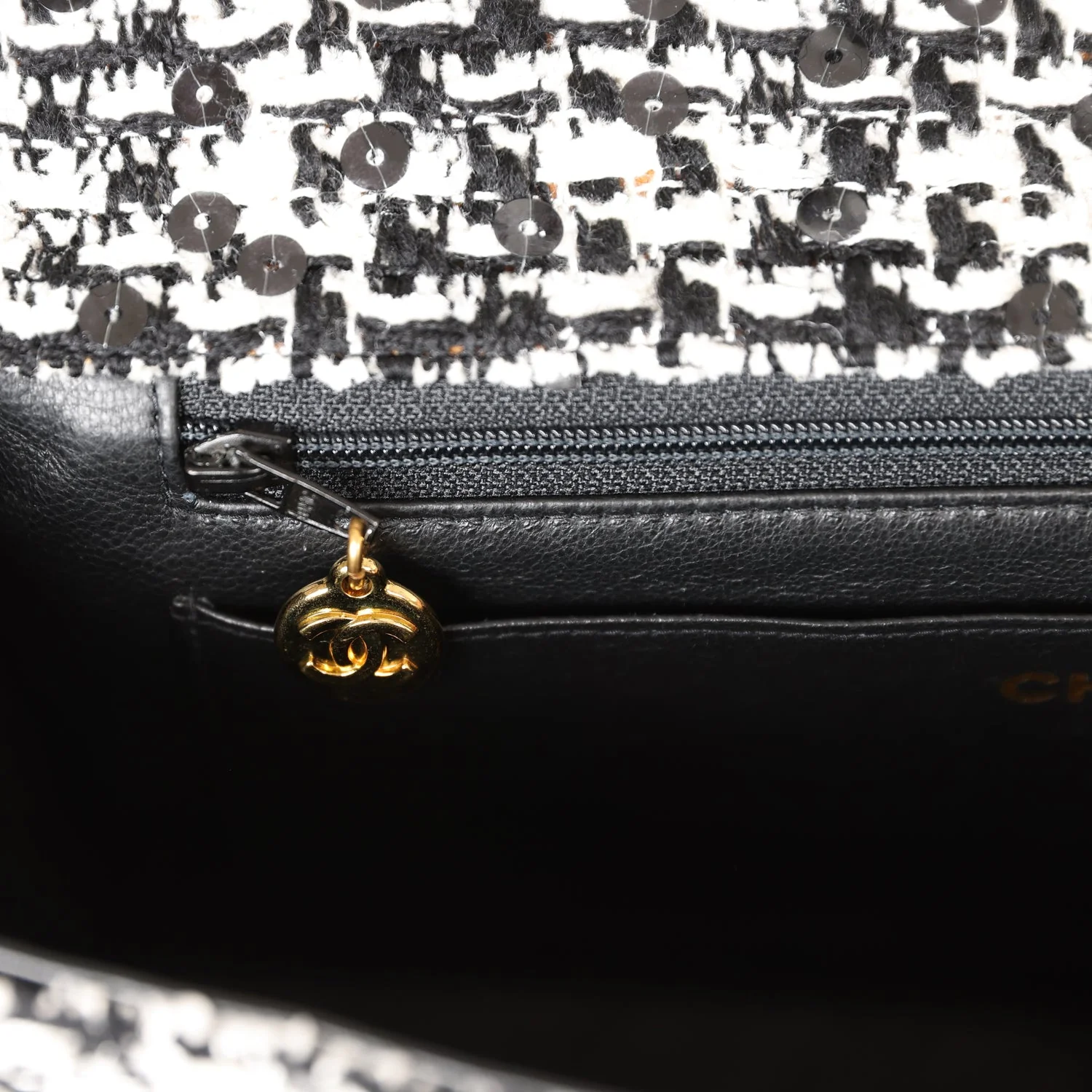 Vintage Chanel Kelly Parent Flap Black and White Sequin Tweed Gold Hardware - Image 9