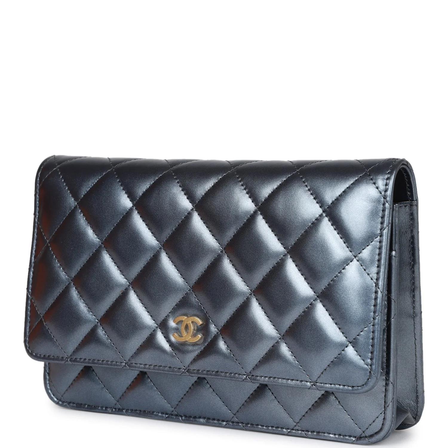 Chanel Wallet on Chain WOC Dark Blue Iridescent Calfskin Antique Gold Hardware - Image 5