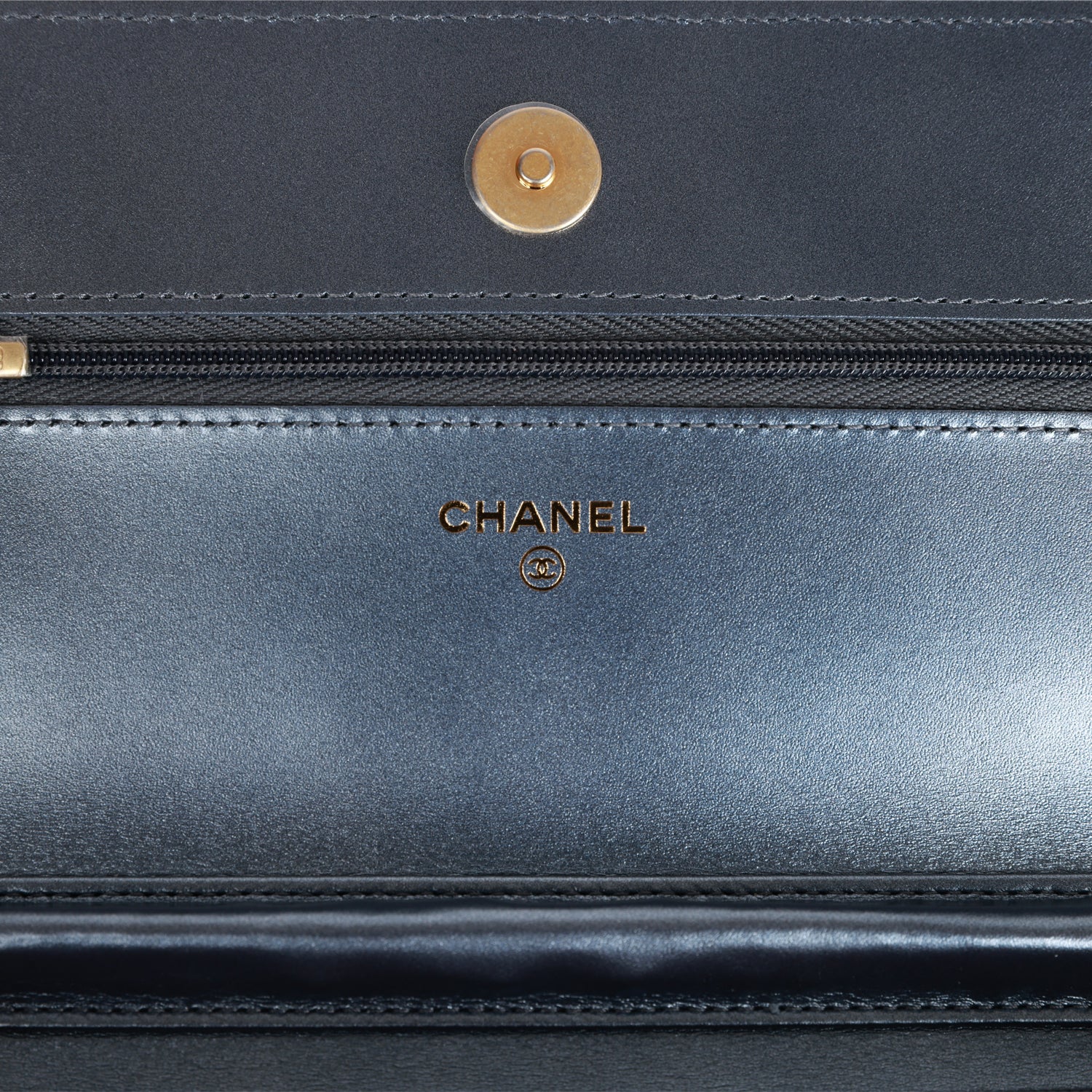 Chanel Wallet on Chain WOC Dark Blue Iridescent Calfskin Antique Gold Hardware - Image 9