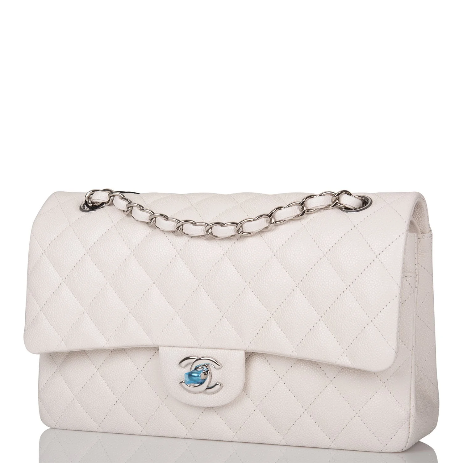 Chanel White Quilted Caviar Medium Classic Double Flap Bag Silver Hardware - Image 5