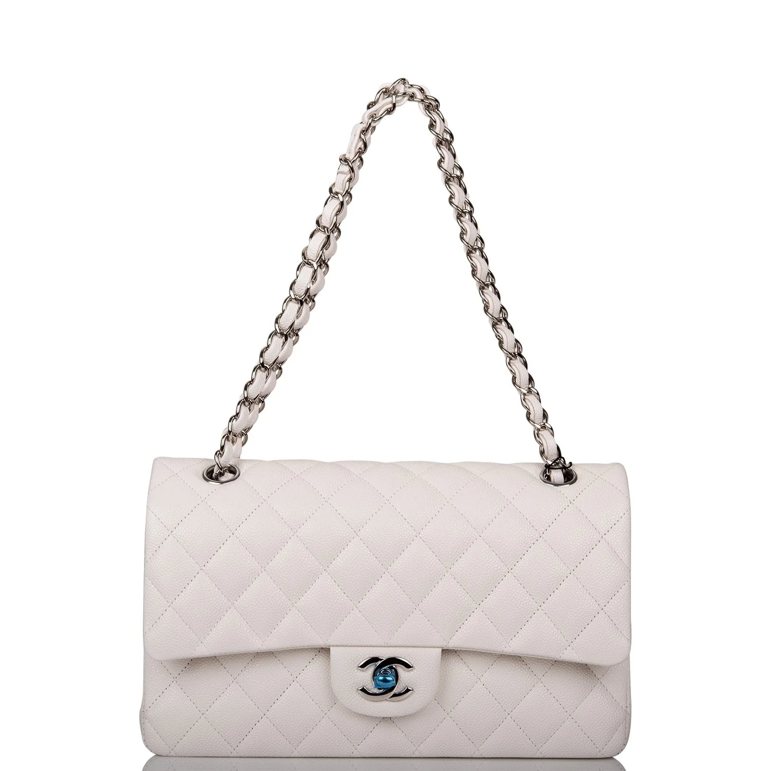 Chanel White Quilted Caviar Medium Classic Double Flap Bag Silver Hardware - Image 7