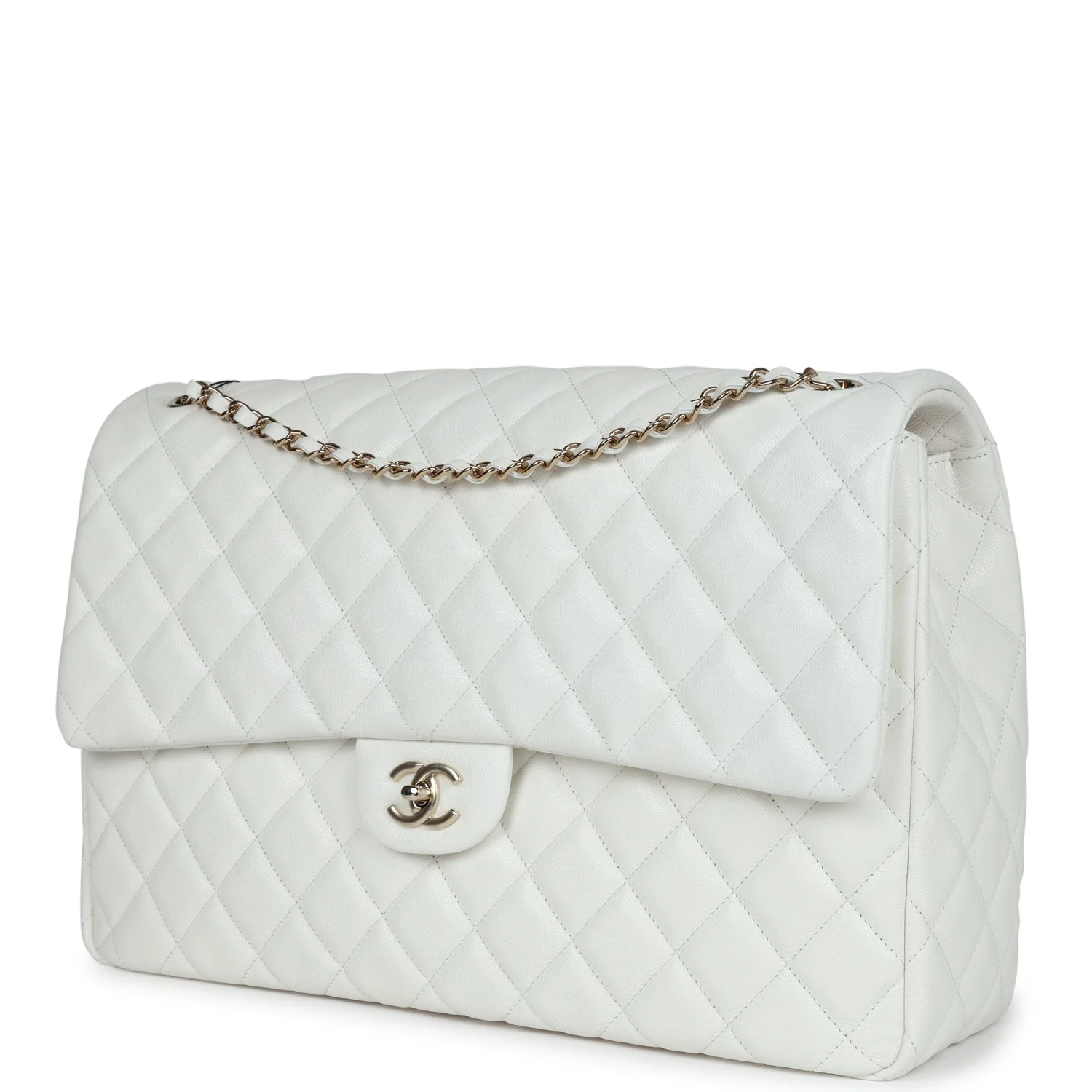 Chanel XXL Classic Single Flap Bag White Shiny Caviar Light Gold Hardware - Image 5