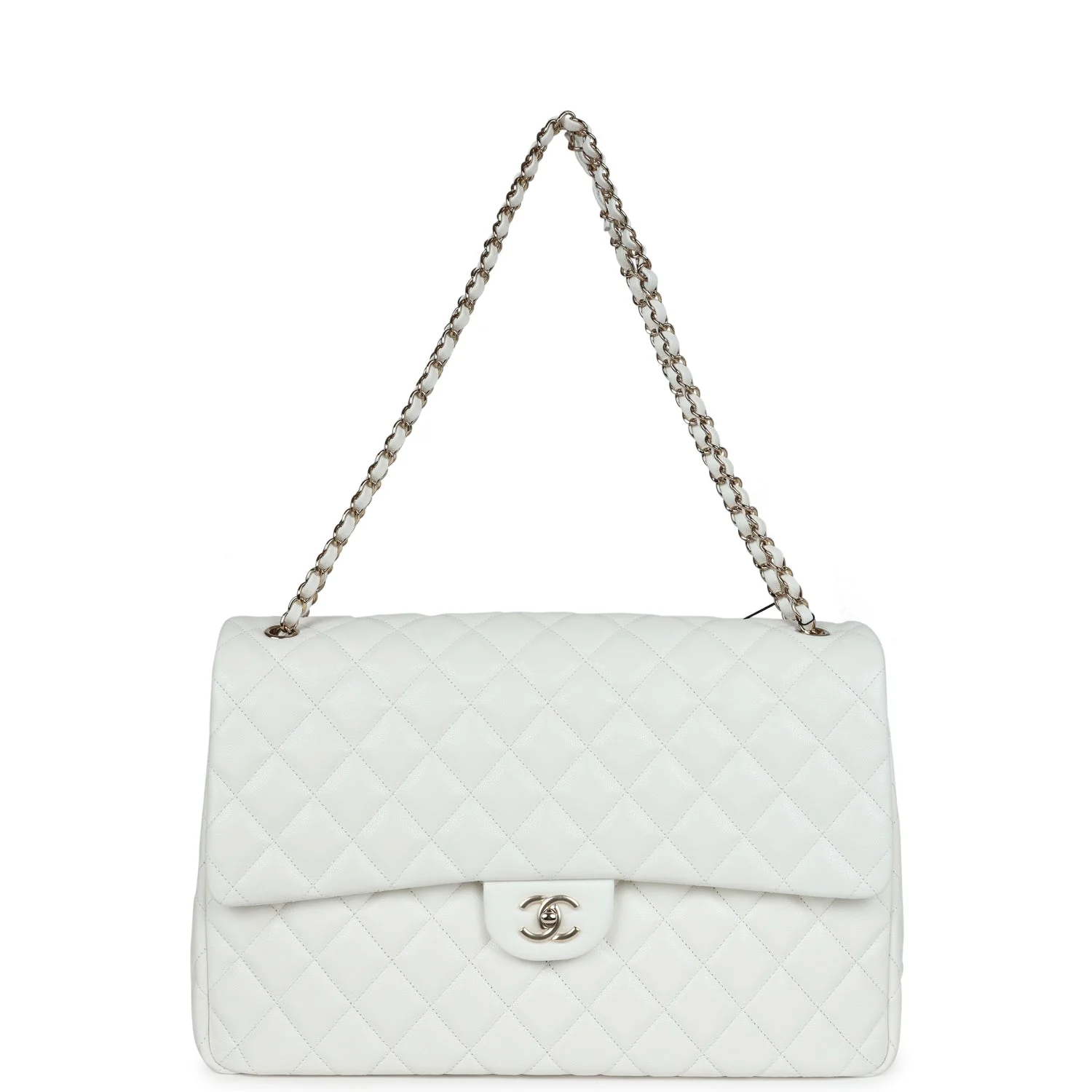 Chanel XXL Classic Single Flap Bag White Shiny Caviar Light Gold Hardware - Image 7