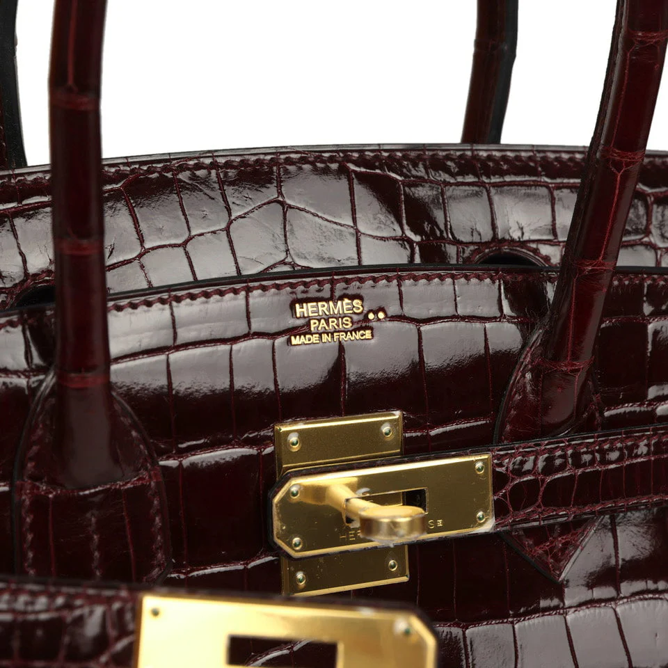 Hermes Birkin 30 Bordeaux Shiny Niloticus Crocodile Gold Hardware - Image 7