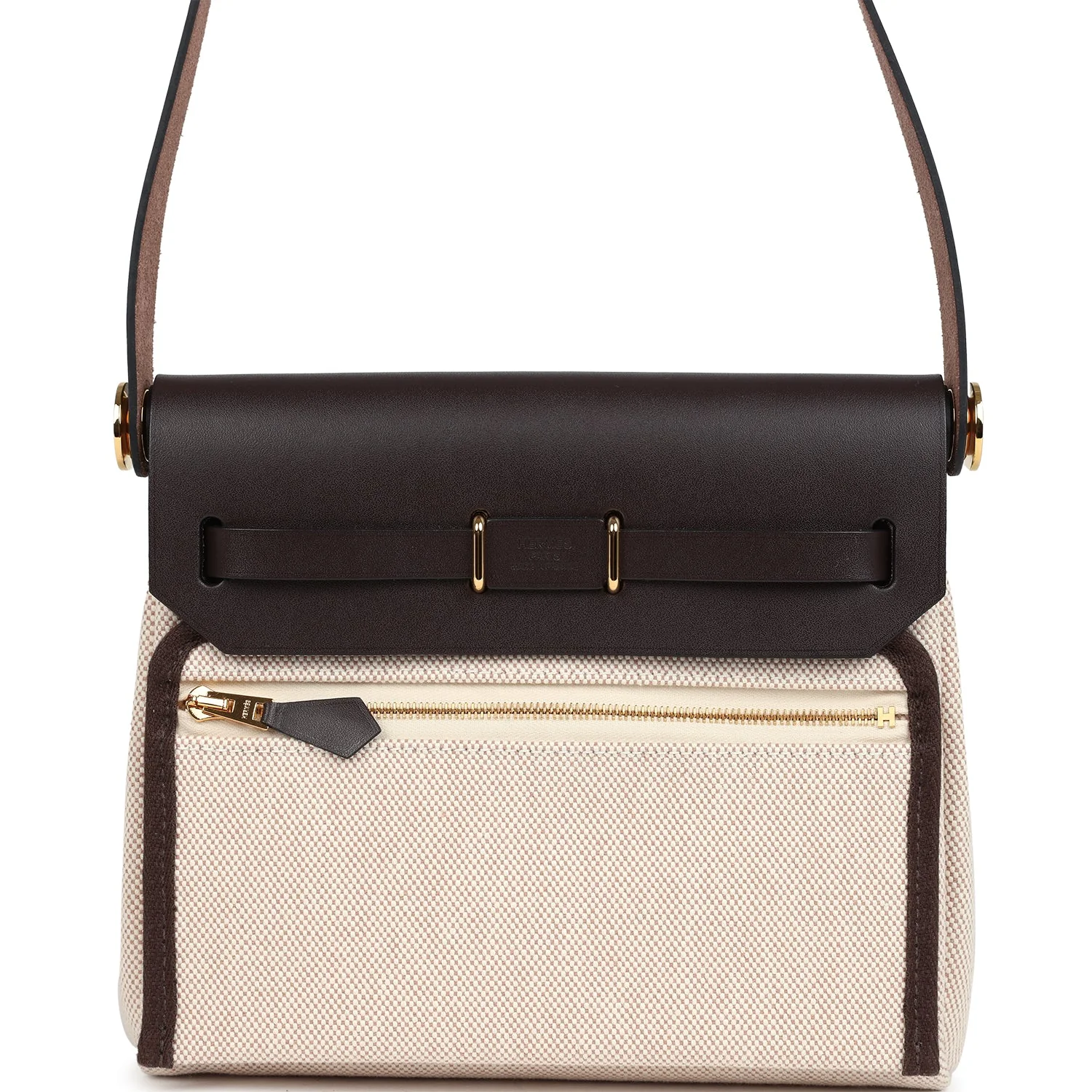 Hermes Herbag Zip 20 Mini Ecru and Beige Toile H Canvas and Ebene Vache Hunter Gold Hardware - Image 4