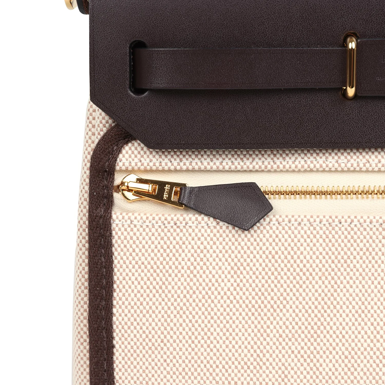 Hermes Herbag Zip 20 Mini Ecru and Beige Toile H Canvas and Ebene Vache Hunter Gold Hardware - Image 9