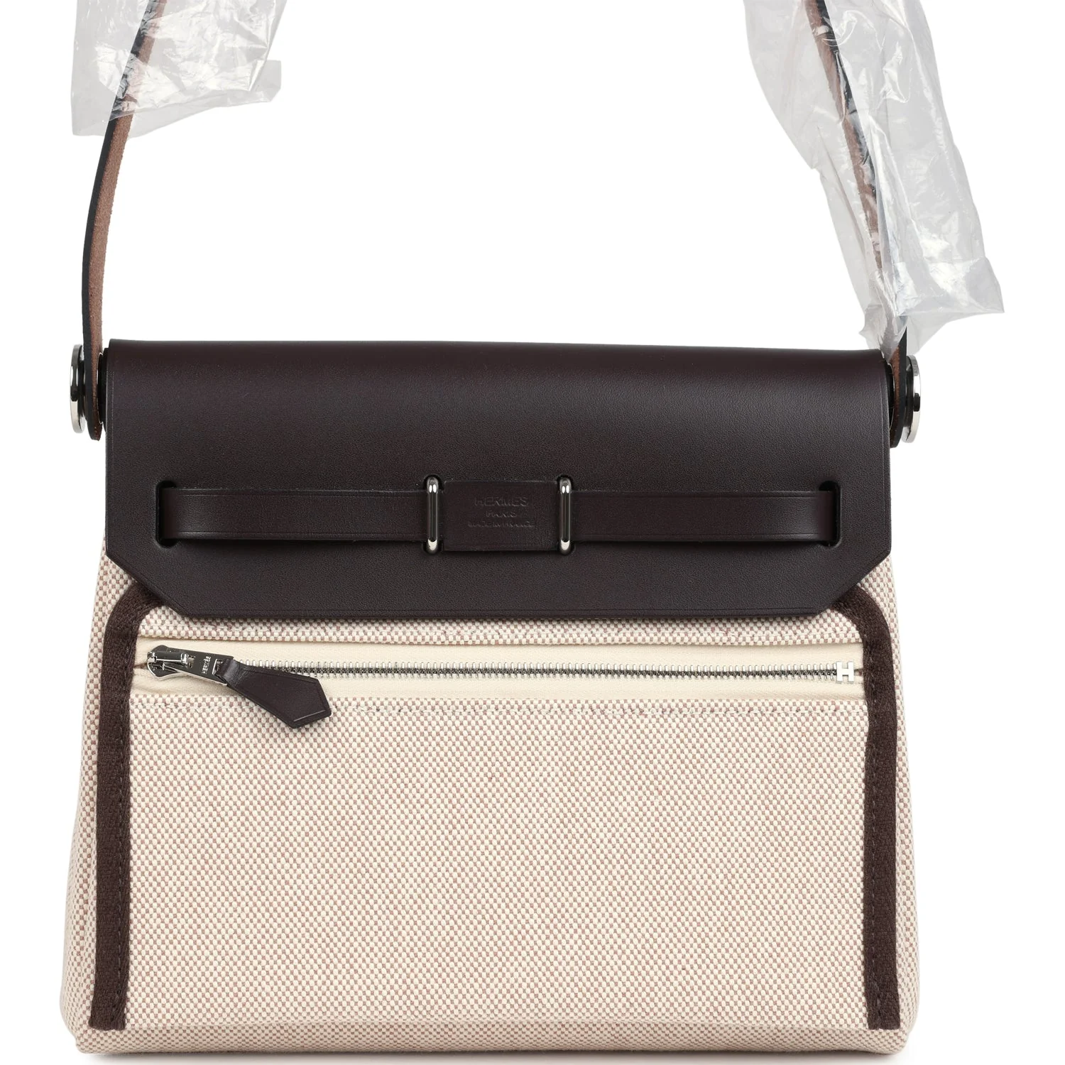 Hermes Herbag Zip 20 Mini Ecru and Beige Toile H Canvas and Ebene Vache Hunter Palladium Hardware - Image 4
