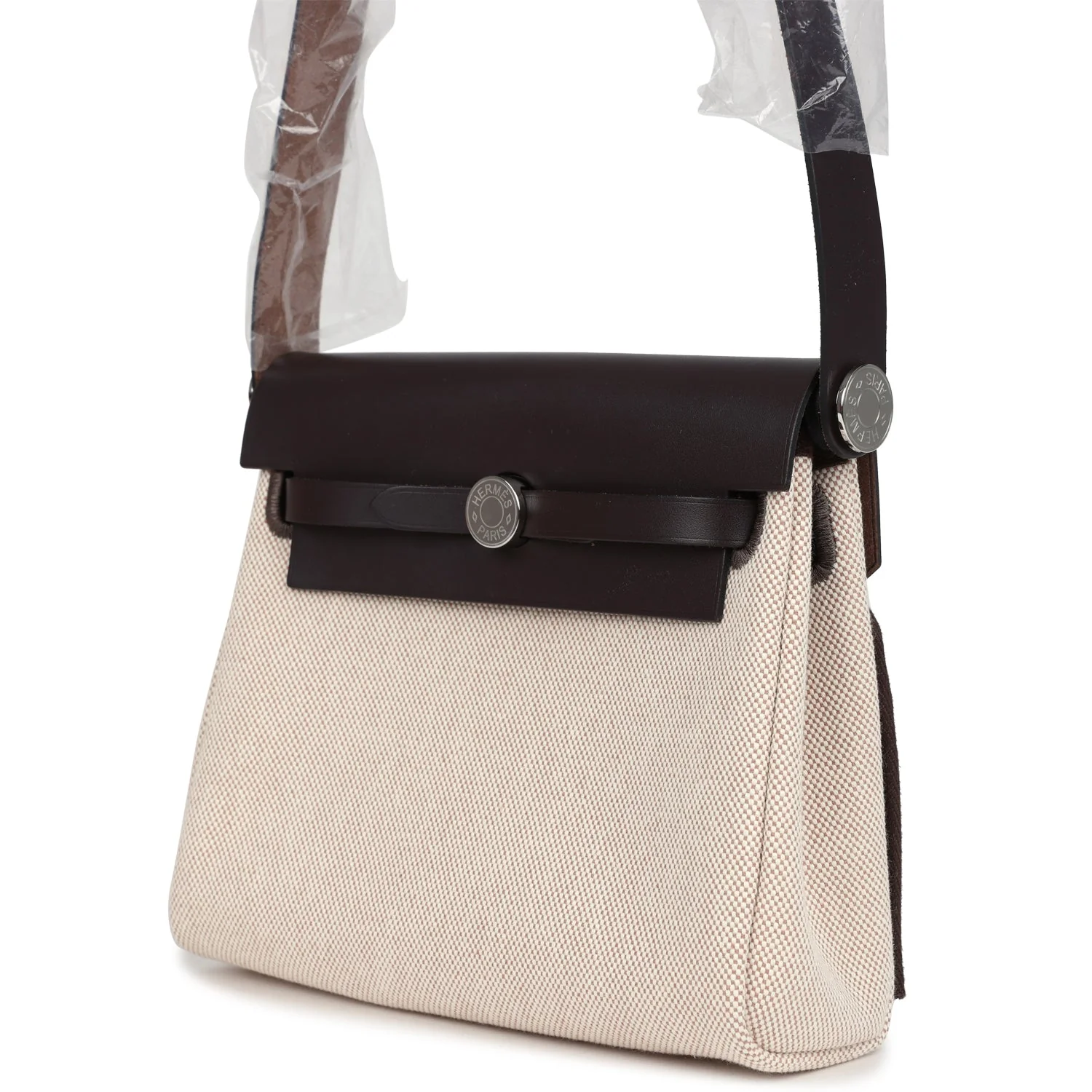Hermes Herbag Zip 20 Mini Ecru and Beige Toile H Canvas and Ebene Vache Hunter Palladium Hardware - Image 5