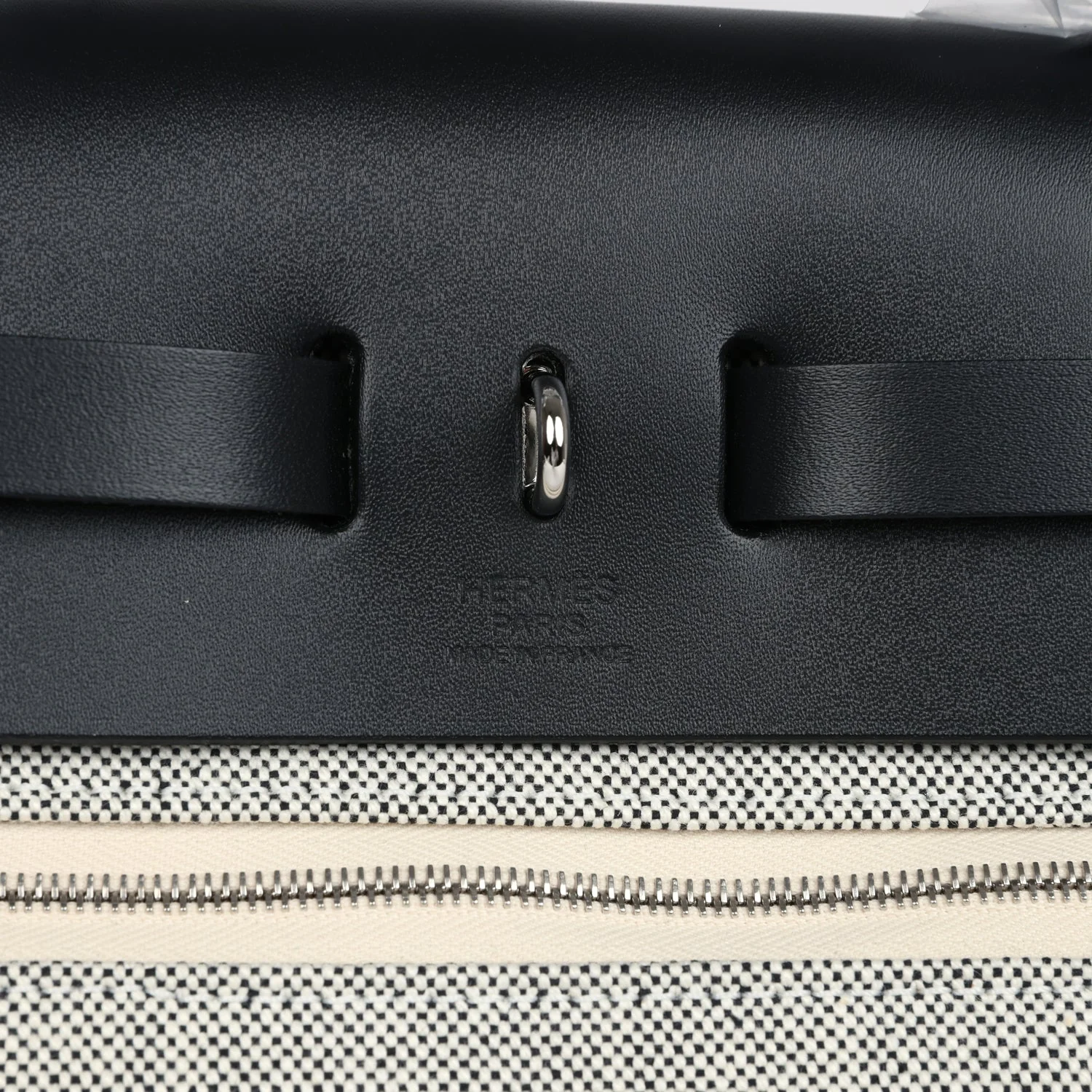 Hermes Herbag Zip 31 PM Hobnailed Black and Ecru Printed H Plume Canvas and Vache Hunter Palladium Hardware - Image 11
