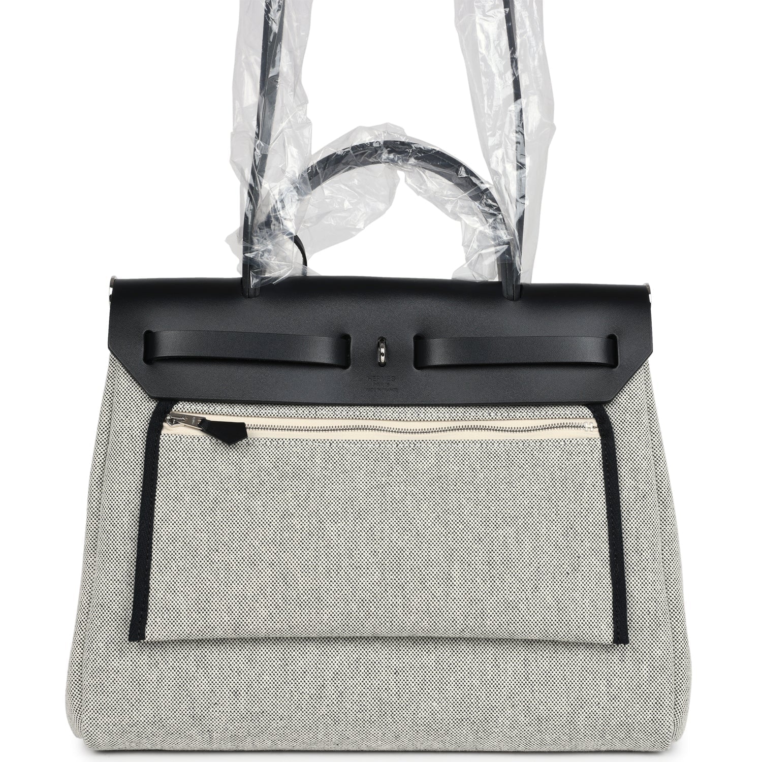 Hermes Herbag Zip 31 PM Hobnailed Black and Ecru Printed H Plume Canvas and Vache Hunter Palladium Hardware - Image 4