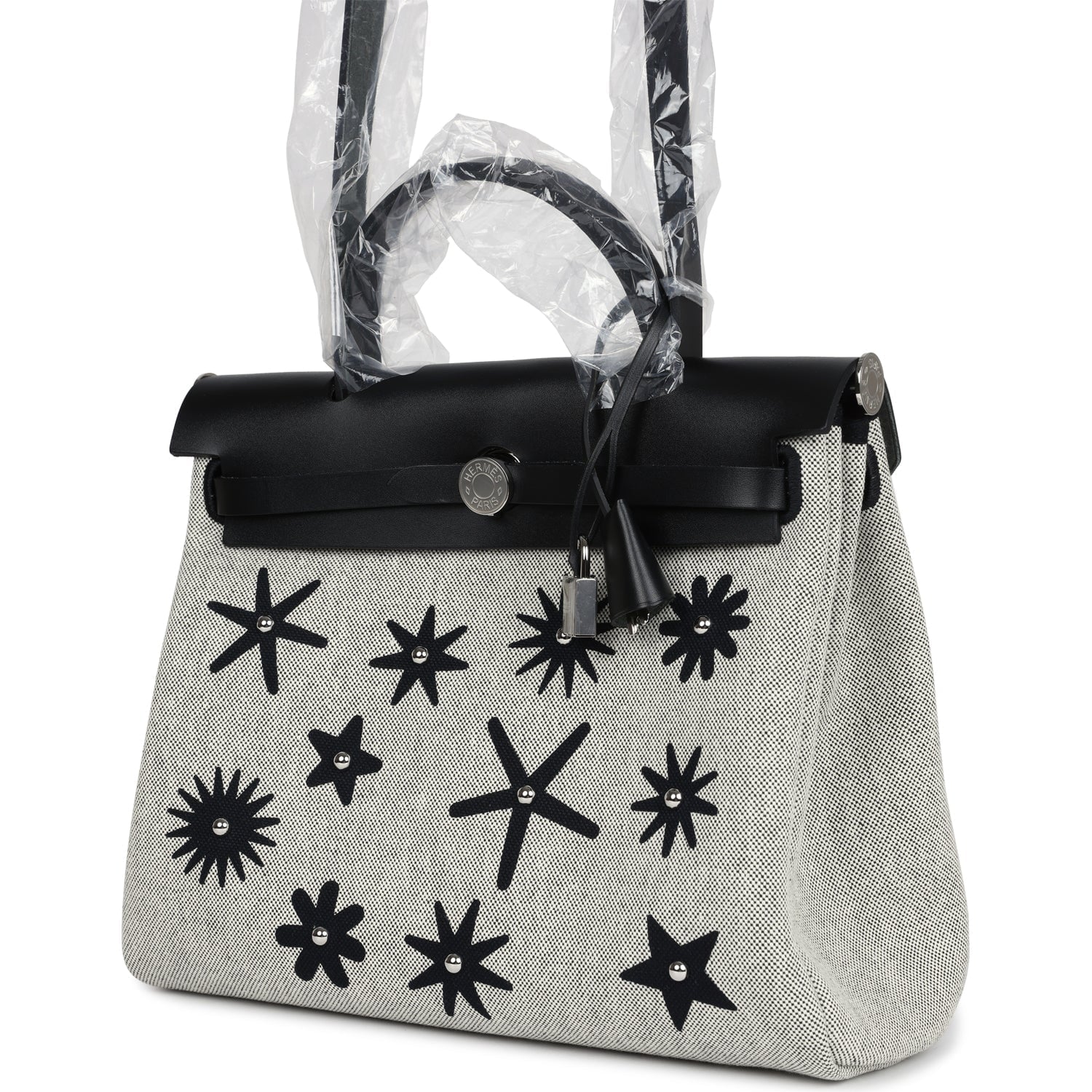 Hermes Herbag Zip 31 PM Hobnailed Black and Ecru Printed H Plume Canvas and Vache Hunter Palladium Hardware - Image 5