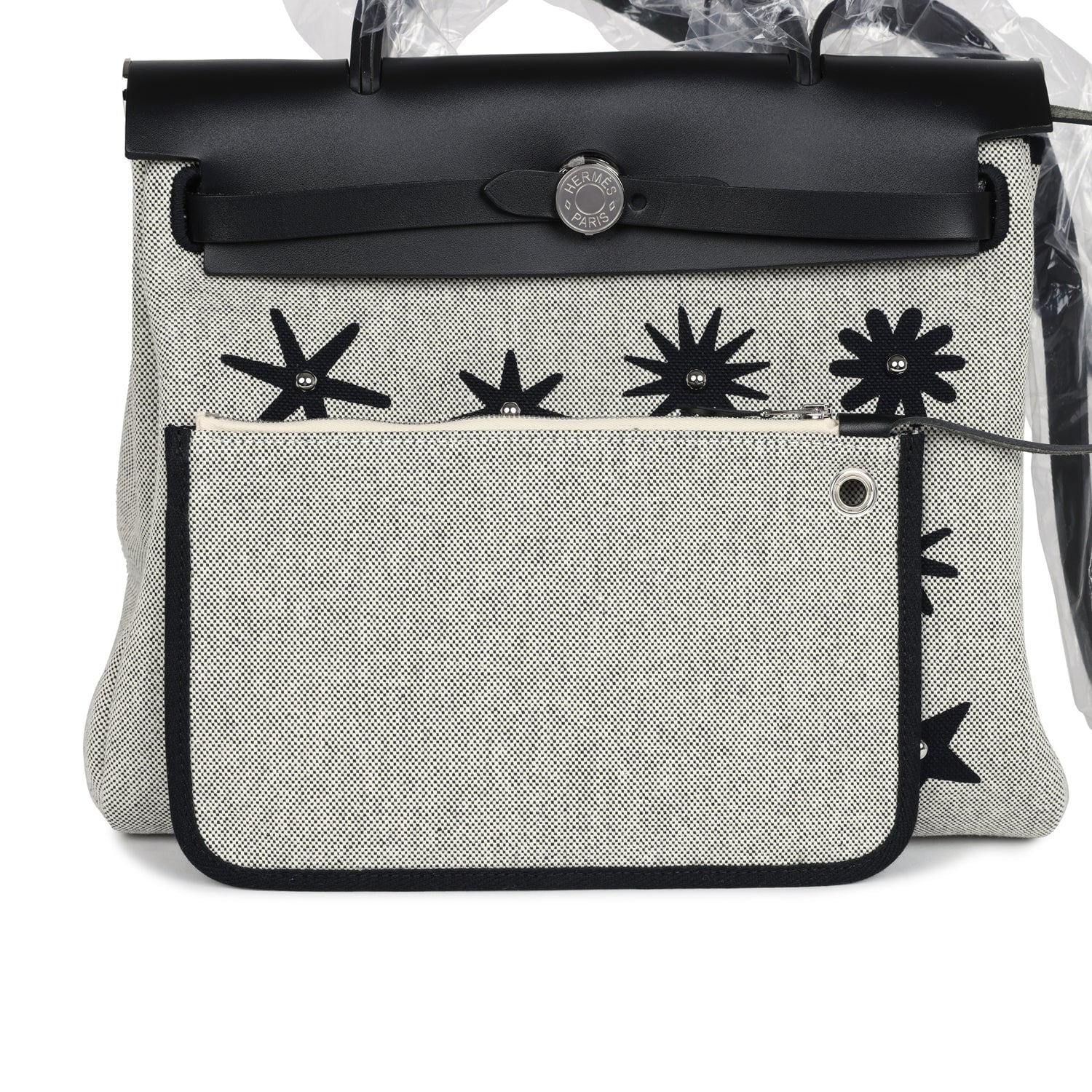 Hermes Herbag Zip 31 PM Hobnailed Black and Ecru Printed H Plume Canvas and Vache Hunter Palladium Hardware - Image 7