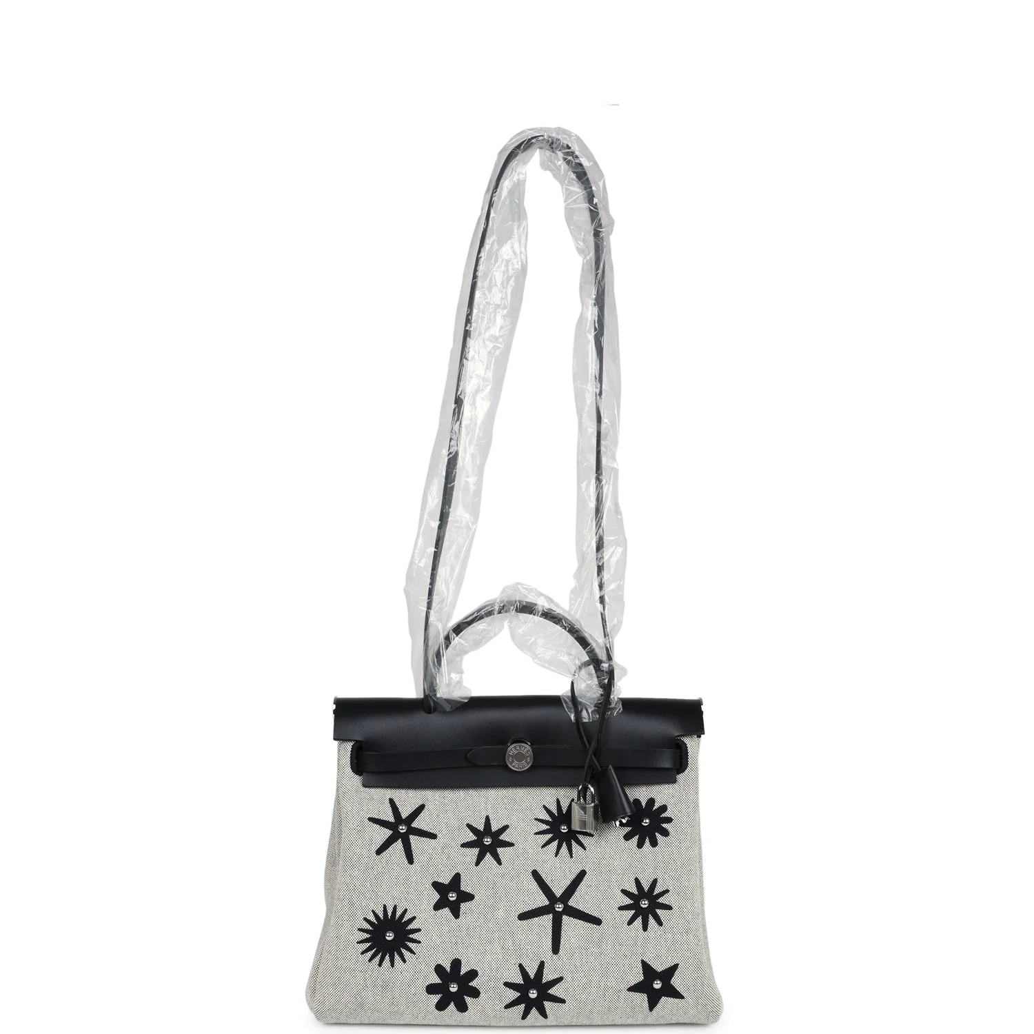 Hermes Herbag Zip 31 PM Hobnailed Black and Ecru Printed H Plume Canvas and Vache Hunter Palladium Hardware - Image 8