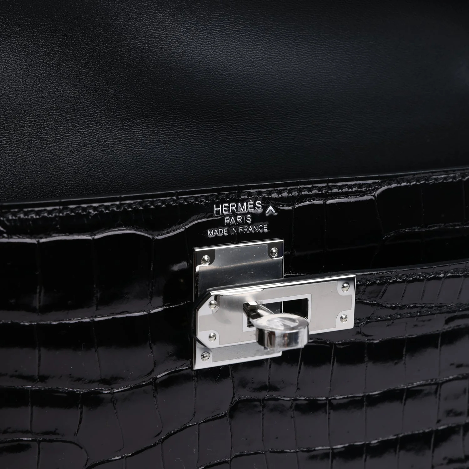 Hermes Kelly Elan Black Shiny Porosus Crocodile Palladium Hardware - Image 7