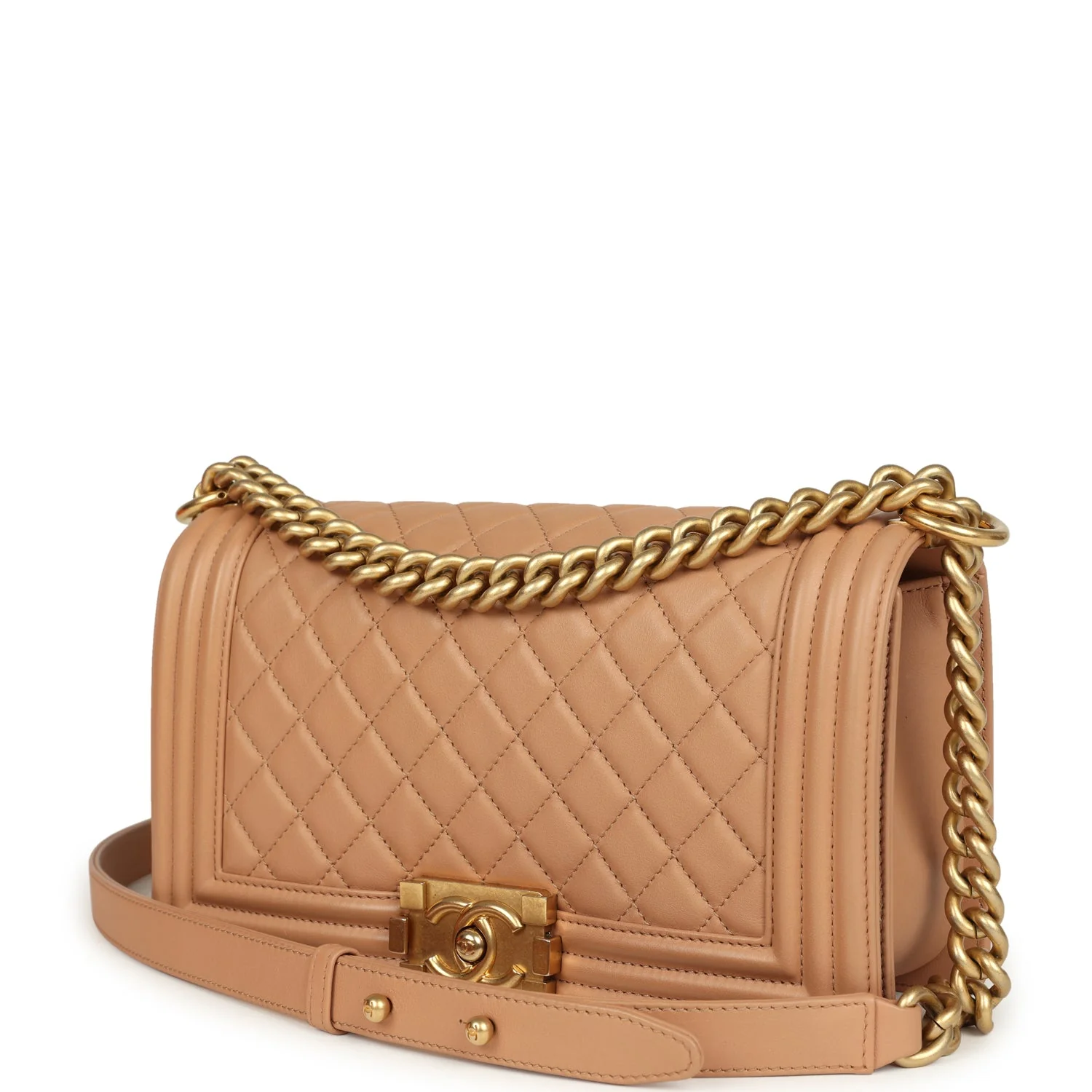 Pre-owned Chanel Medium Boy Bag Dark Beige Lambskin Antique Gold Hardware - Image 5