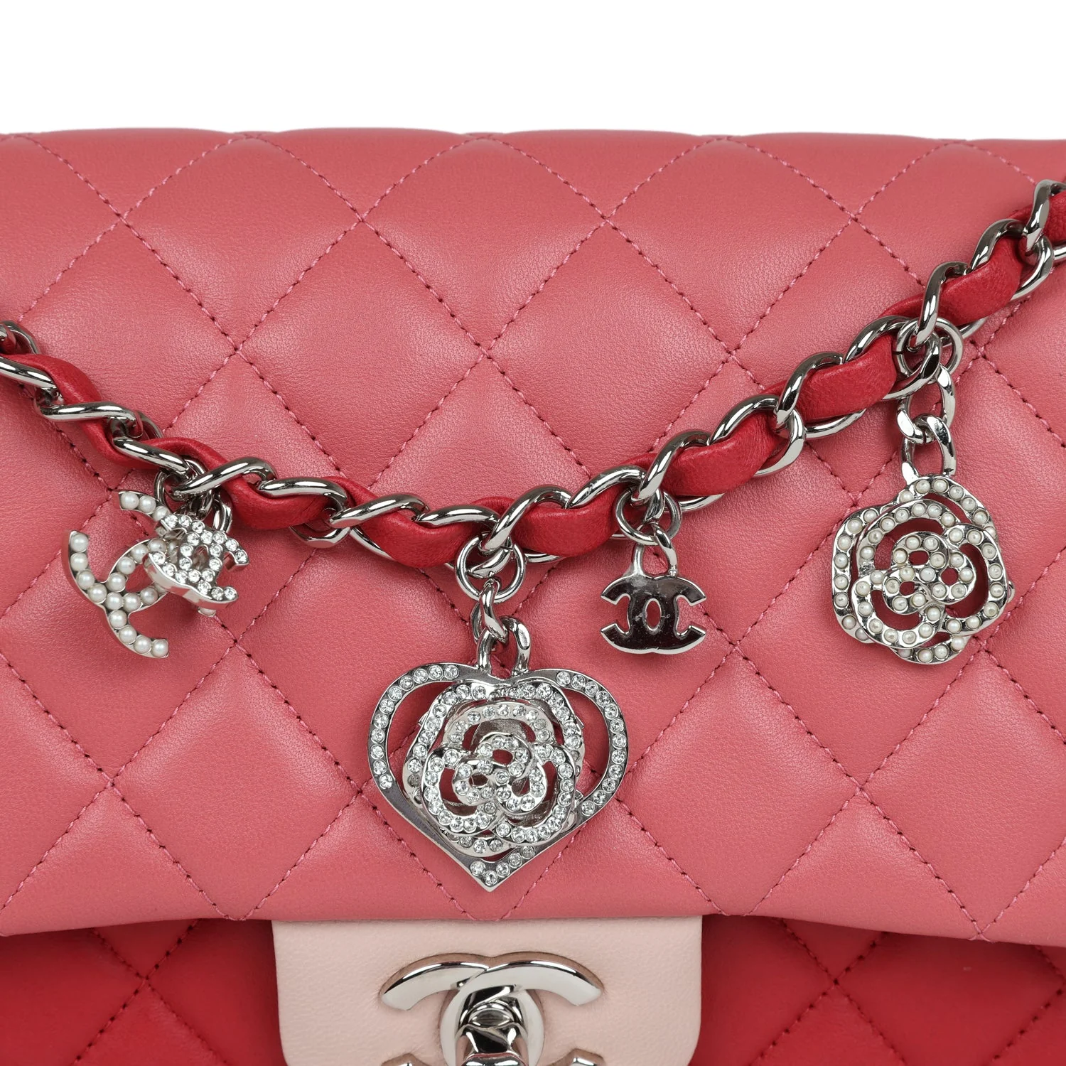 Pre-owned Chanel Medium Valentine Single Flap Bag Tricolored Lambskin Silver Hardware - Image 8
