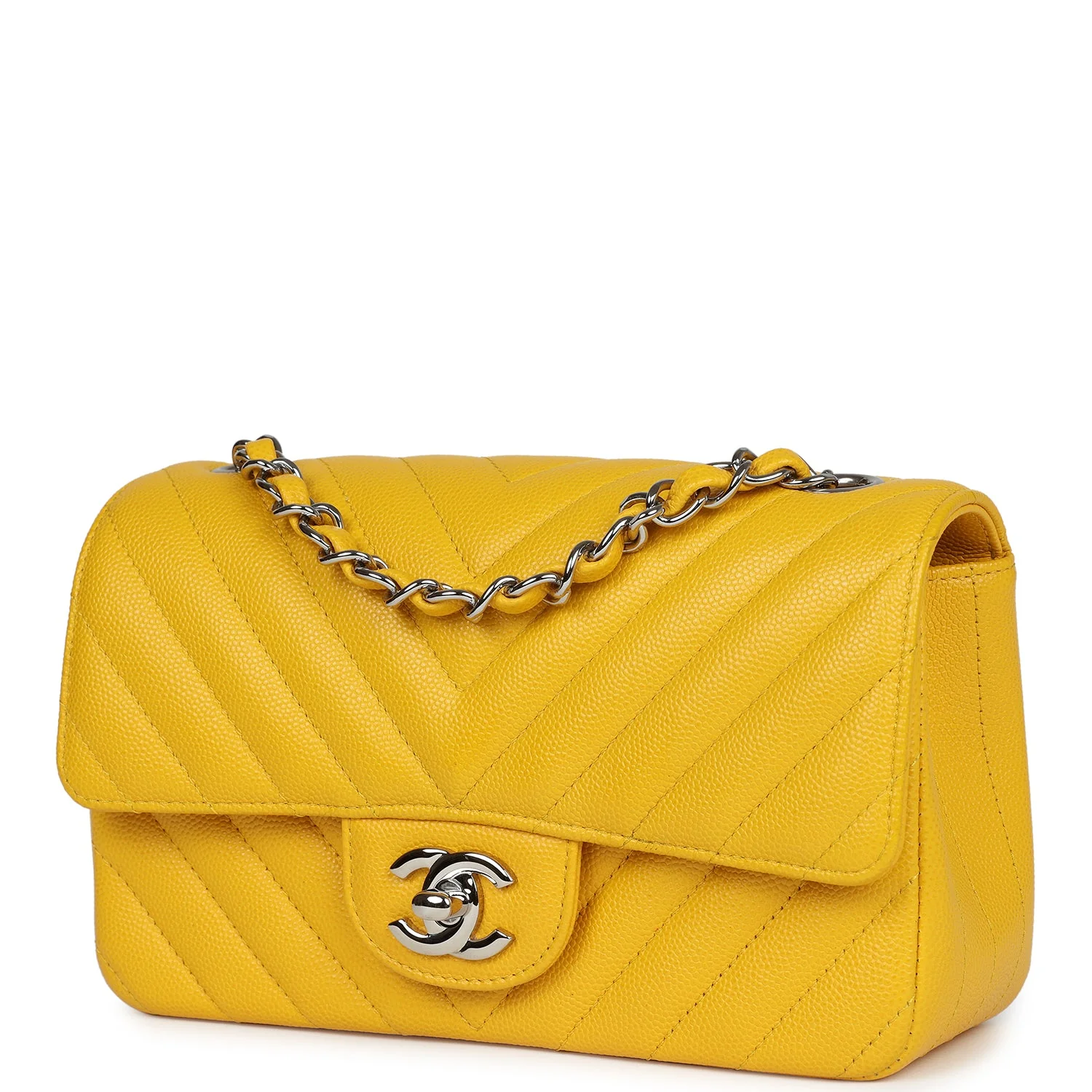 Pre-owned Chanel Mini Rectangular Flap Yellow Chevron Caviar Silver Hardware - Image 5