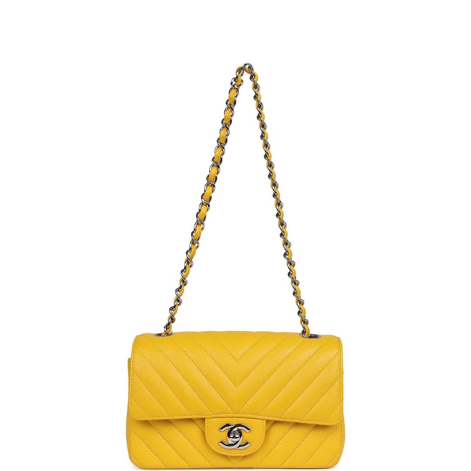 Pre-owned Chanel Mini Rectangular Flap Yellow Chevron Caviar Silver Hardware - Image 7