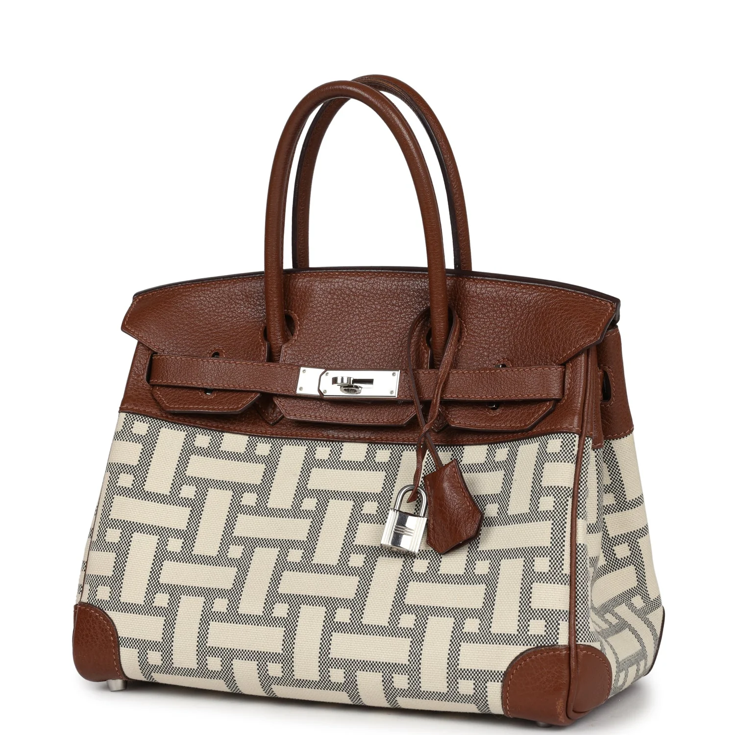 Pre-owned Hermes Birkin 30 Marron D'Inde Buffalo and Mosaique Canvas Palladium Hardware - Image 5