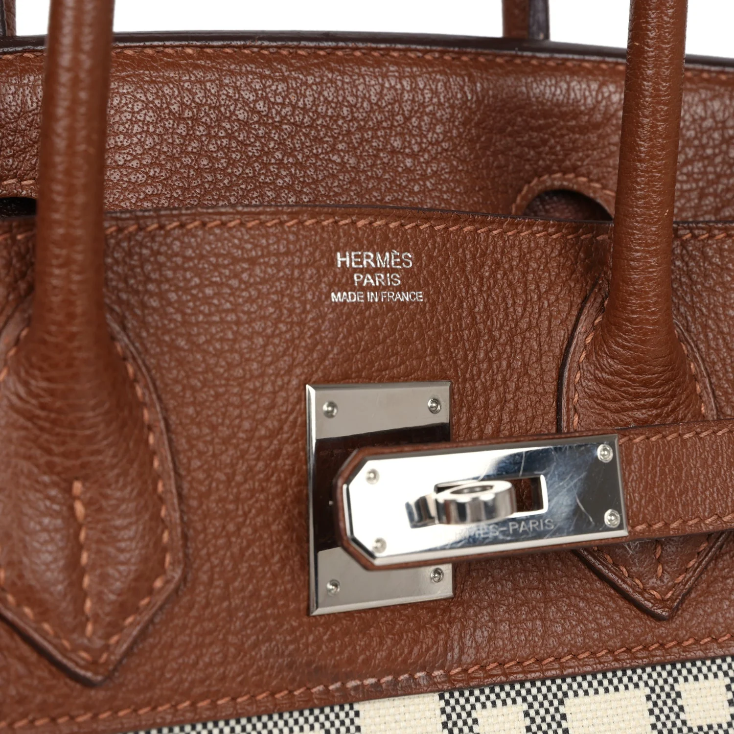 Pre-owned Hermes Birkin 30 Marron D'Inde Buffalo and Mosaique Canvas Palladium Hardware - Image 7