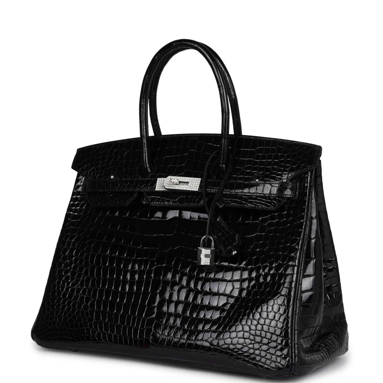 Pre-owned Hermes Birkin 35 Black Shiny Porosus Crocodile 18K White Gold Diamond Hardware - Image 5