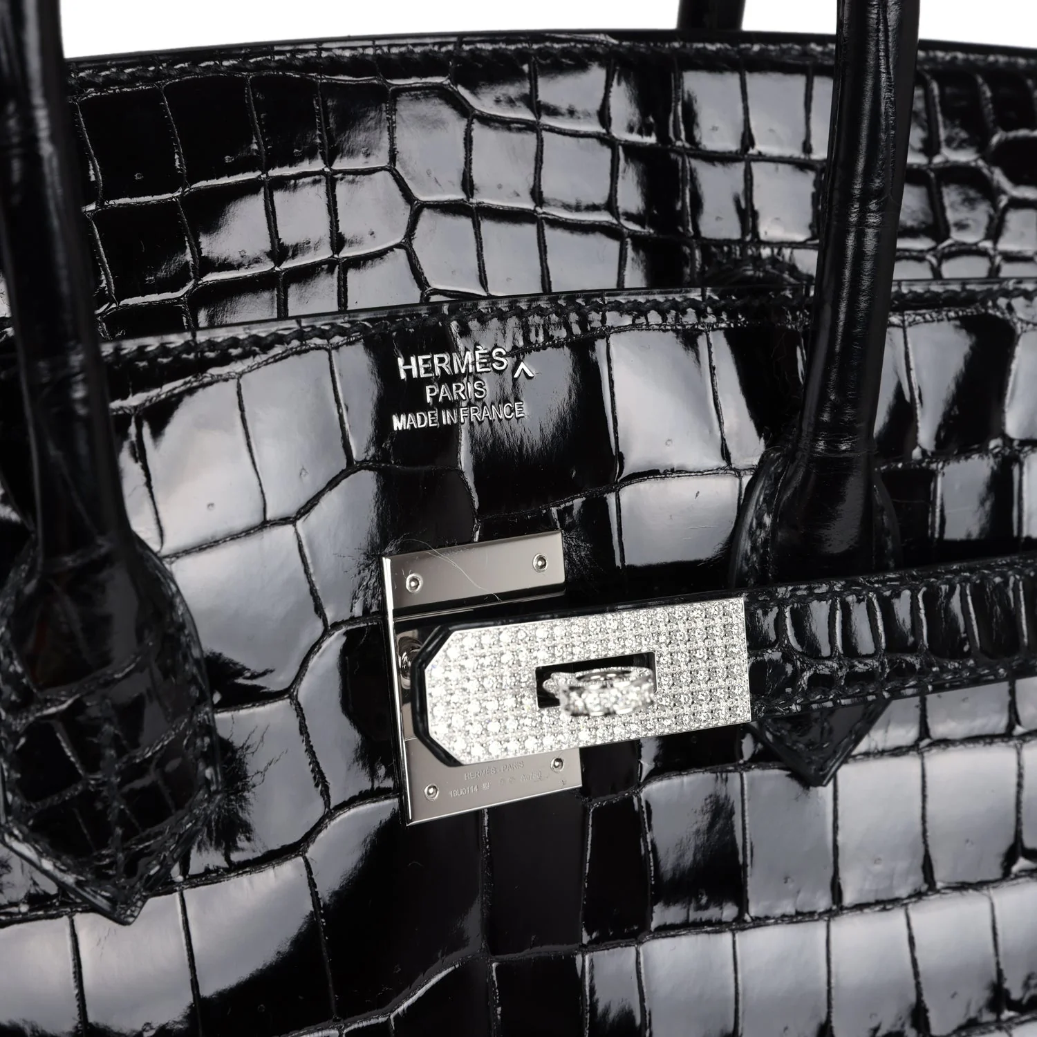 Pre-owned Hermes Birkin 35 Black Shiny Porosus Crocodile 18K White Gold Diamond Hardware - Image 8