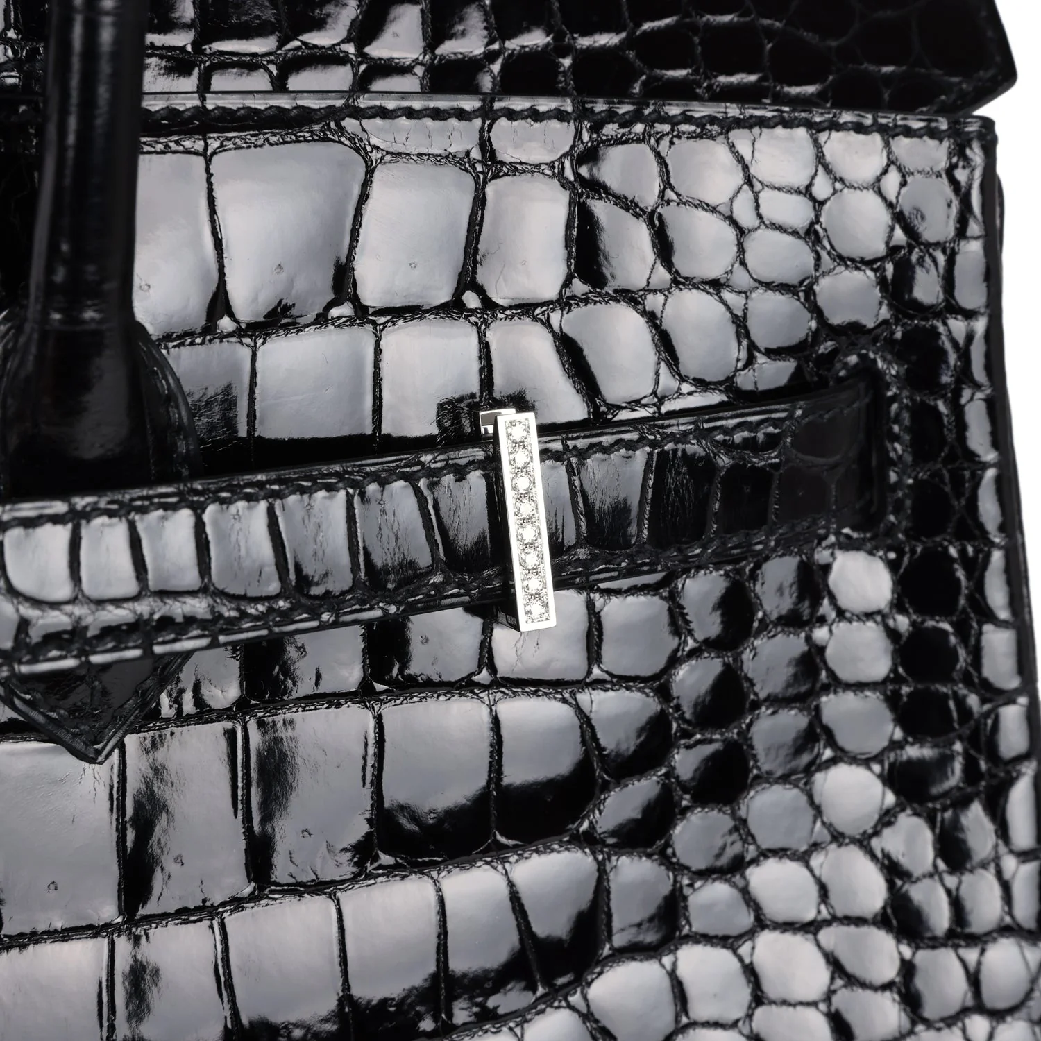Pre-owned Hermes Birkin 35 Black Shiny Porosus Crocodile 18K White Gold Diamond Hardware - Image 9