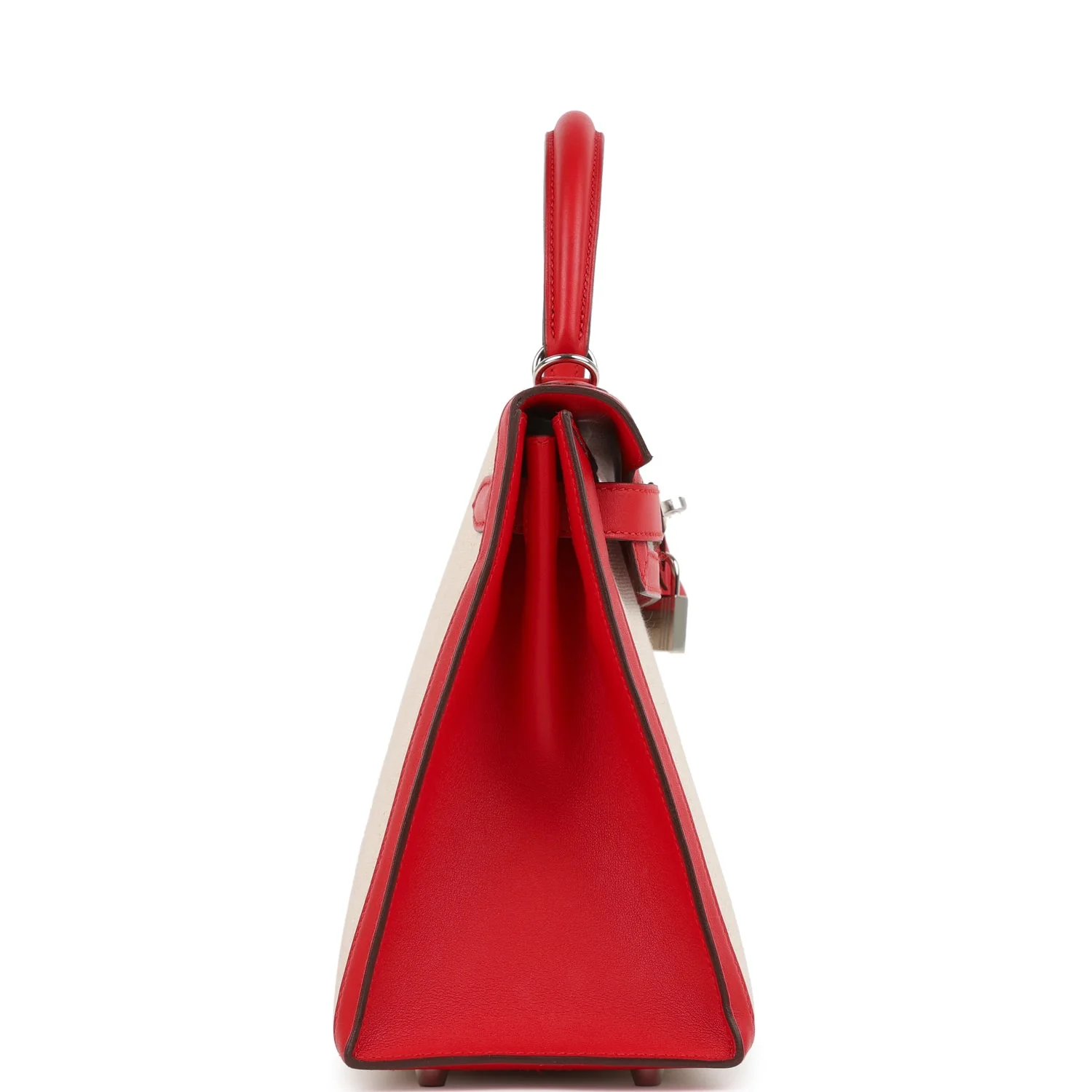 Pre-owned Hermes Kelly Sellier 28 Rouge De Coeur Swift and Beige-Ecru Toile H Canvas Palladium Hardware - Image 3