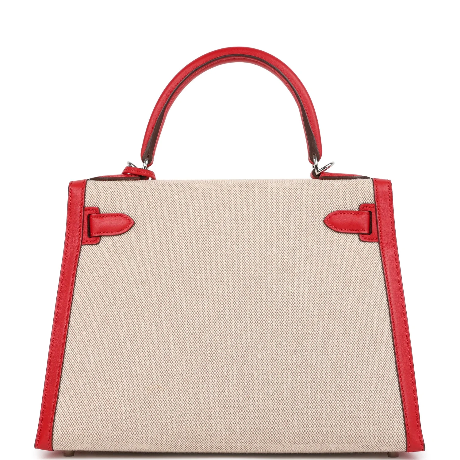 Pre-owned Hermes Kelly Sellier 28 Rouge De Coeur Swift and Beige-Ecru Toile H Canvas Palladium Hardware - Image 4