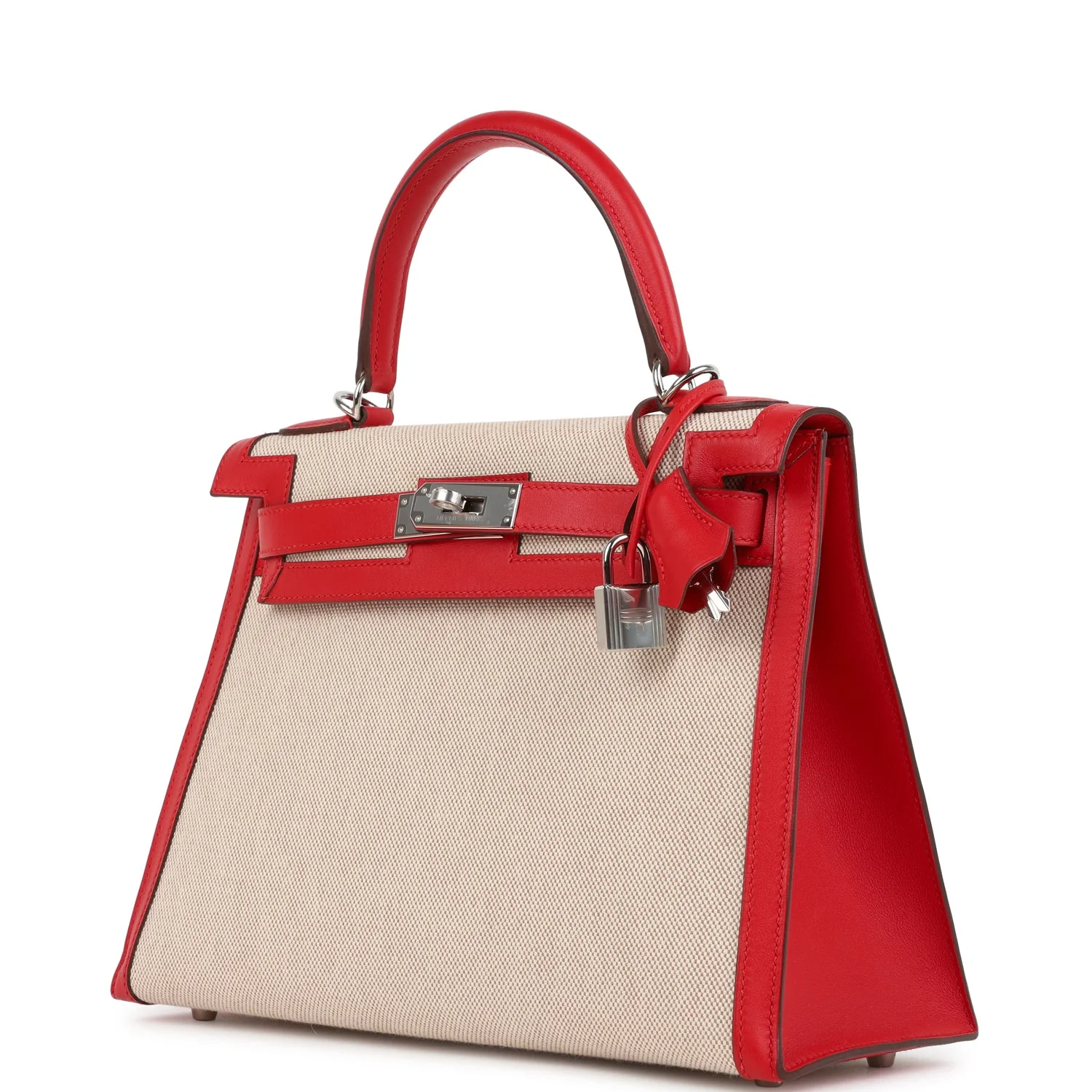 Pre-owned Hermes Kelly Sellier 28 Rouge De Coeur Swift and Beige-Ecru Toile H Canvas Palladium Hardware - Image 5