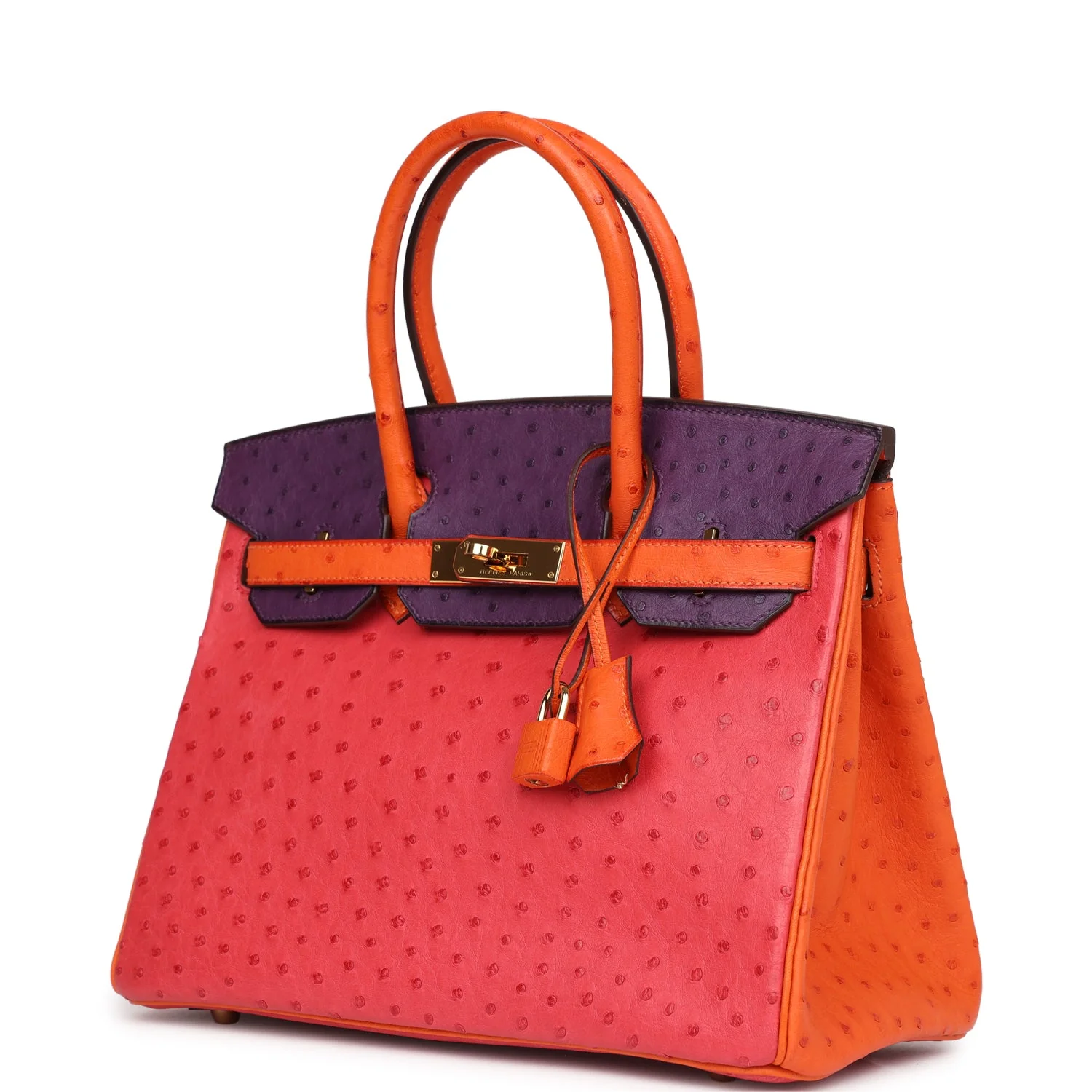 Pre-owned Hermes Special Order (HSS) Birkin 30 Tangerine, Violet and Bougainvillea Ostrich Gold Hardware - Image 5