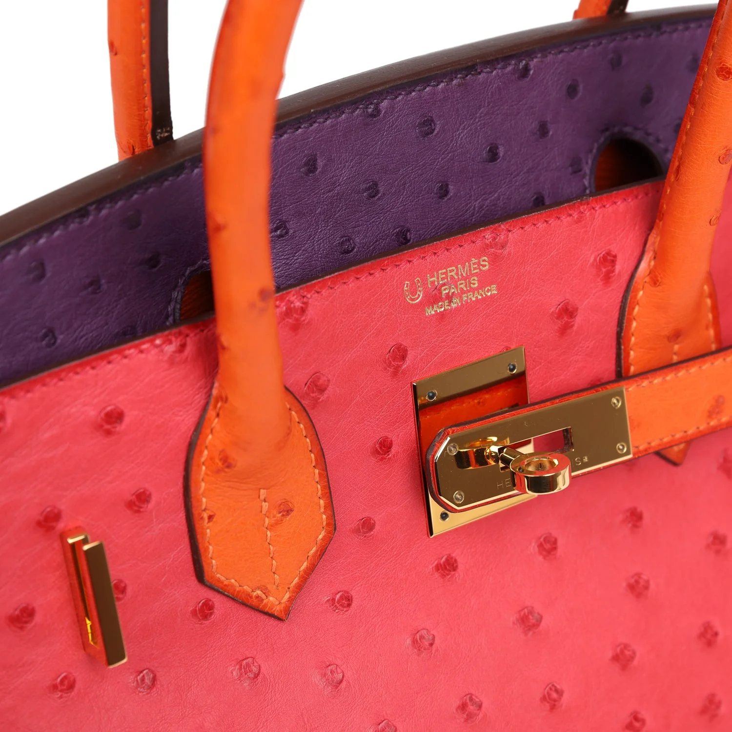 Pre-owned Hermes Special Order (HSS) Birkin 30 Tangerine, Violet and Bougainvillea Ostrich Gold Hardware - Image 7