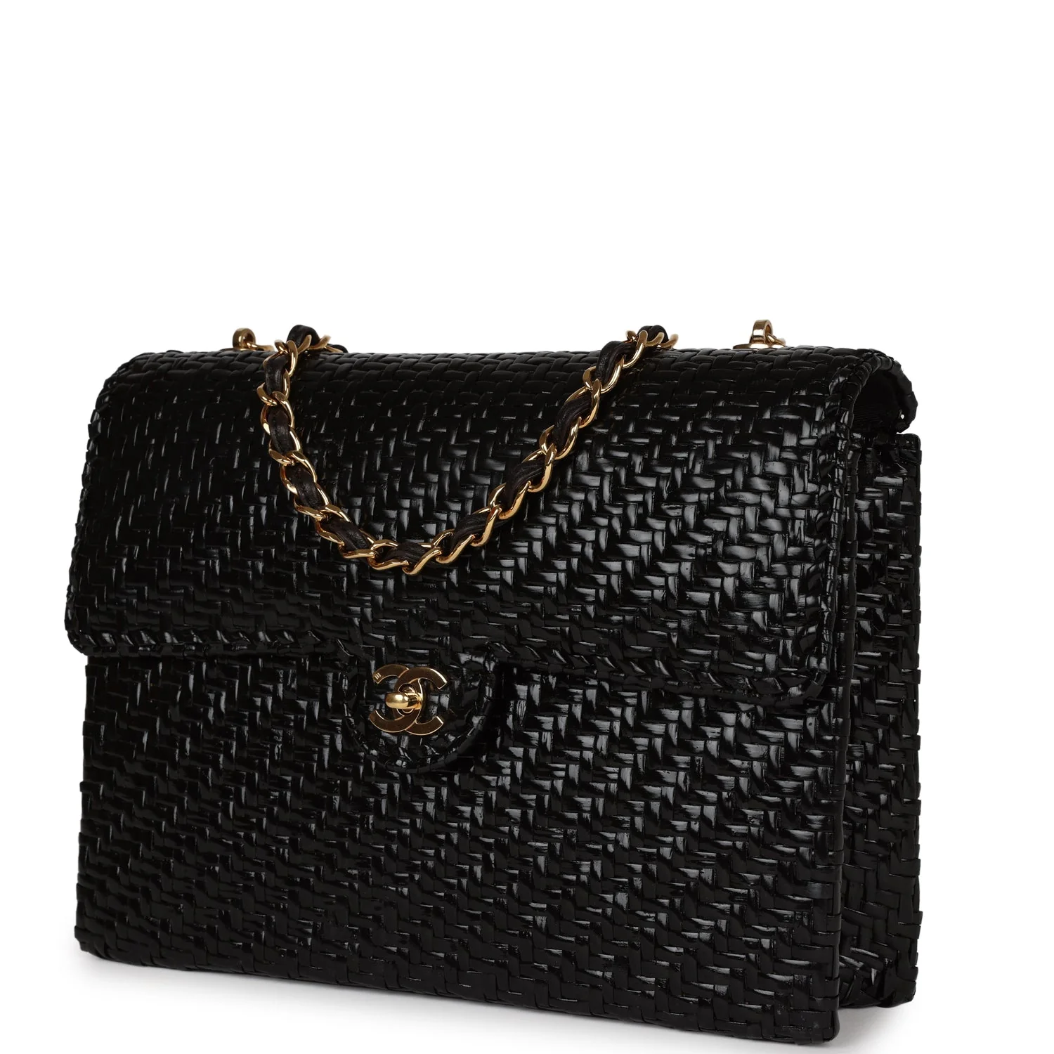 Vintage Chanel Flap Bag Black Wicker Gold Hardware - Image 5