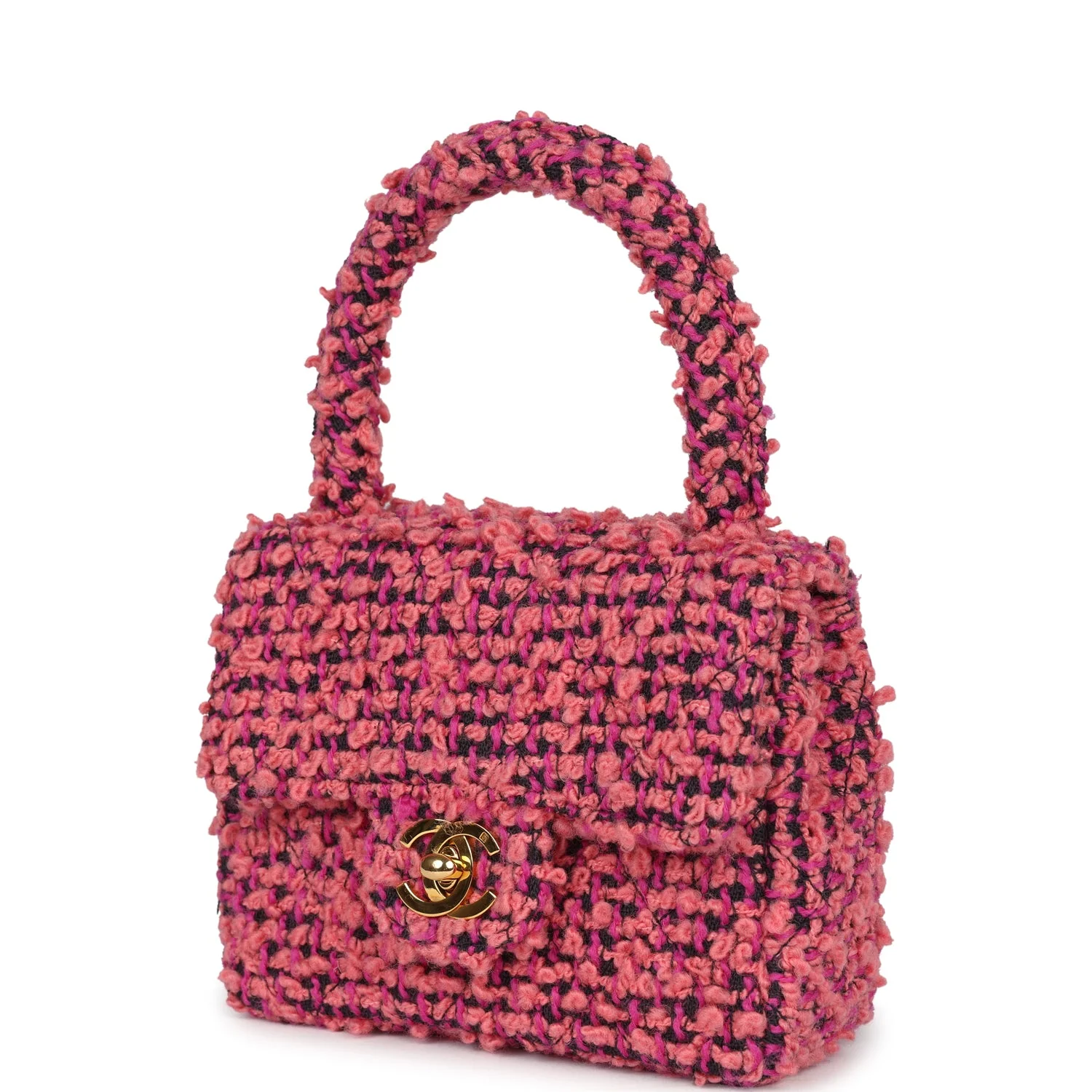 Vintage Chanel Micro Kelly Child Flap Bag Pink and Black Tweed Boucle Gold Hardware - Image 5