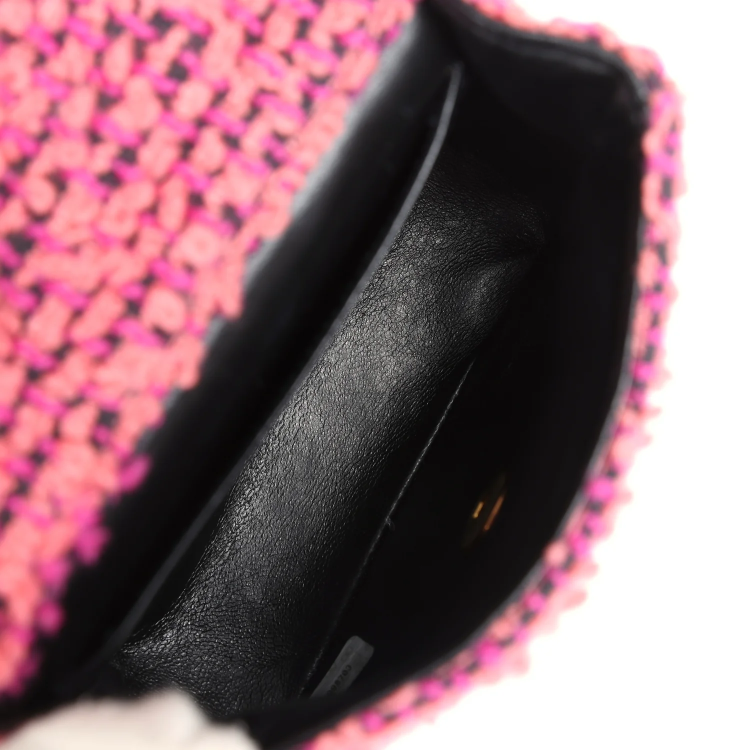 Vintage Chanel Micro Kelly Child Flap Bag Pink and Black Tweed Boucle Gold Hardware - Image 7