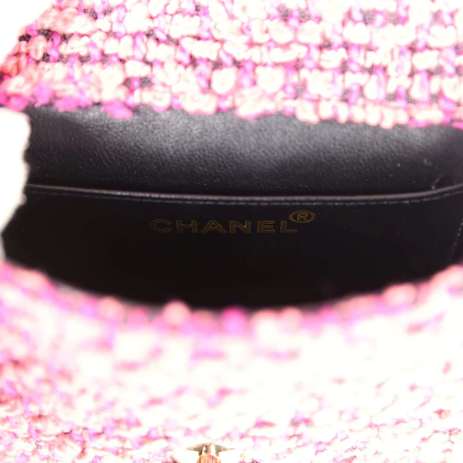 Vintage Chanel Micro Kelly Child Flap Bag Pink and Black Tweed Boucle Gold Hardware - Image 8