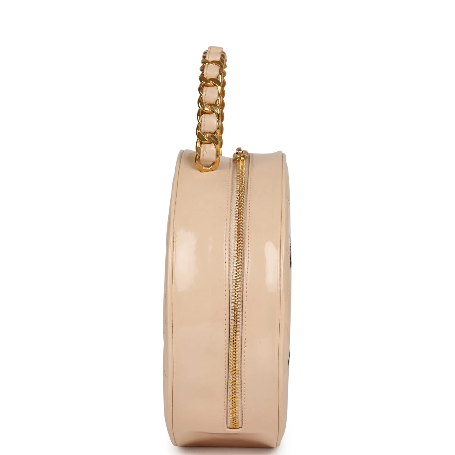 Vintage Chanel Round Vanity Bag Beige and Black Patent Leather Antique Gold Hardware - Image 3